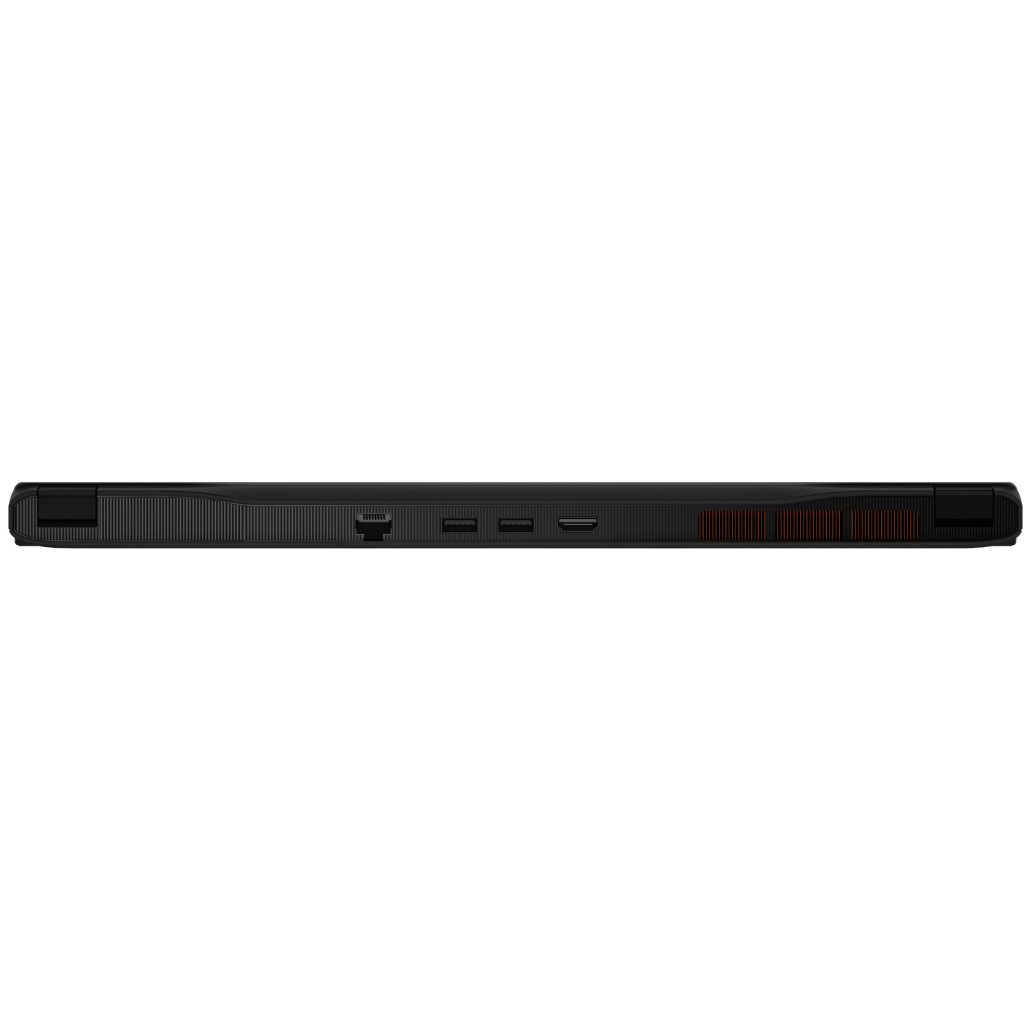 Rear view of a black laptop showing various ports and ventilation grilles.