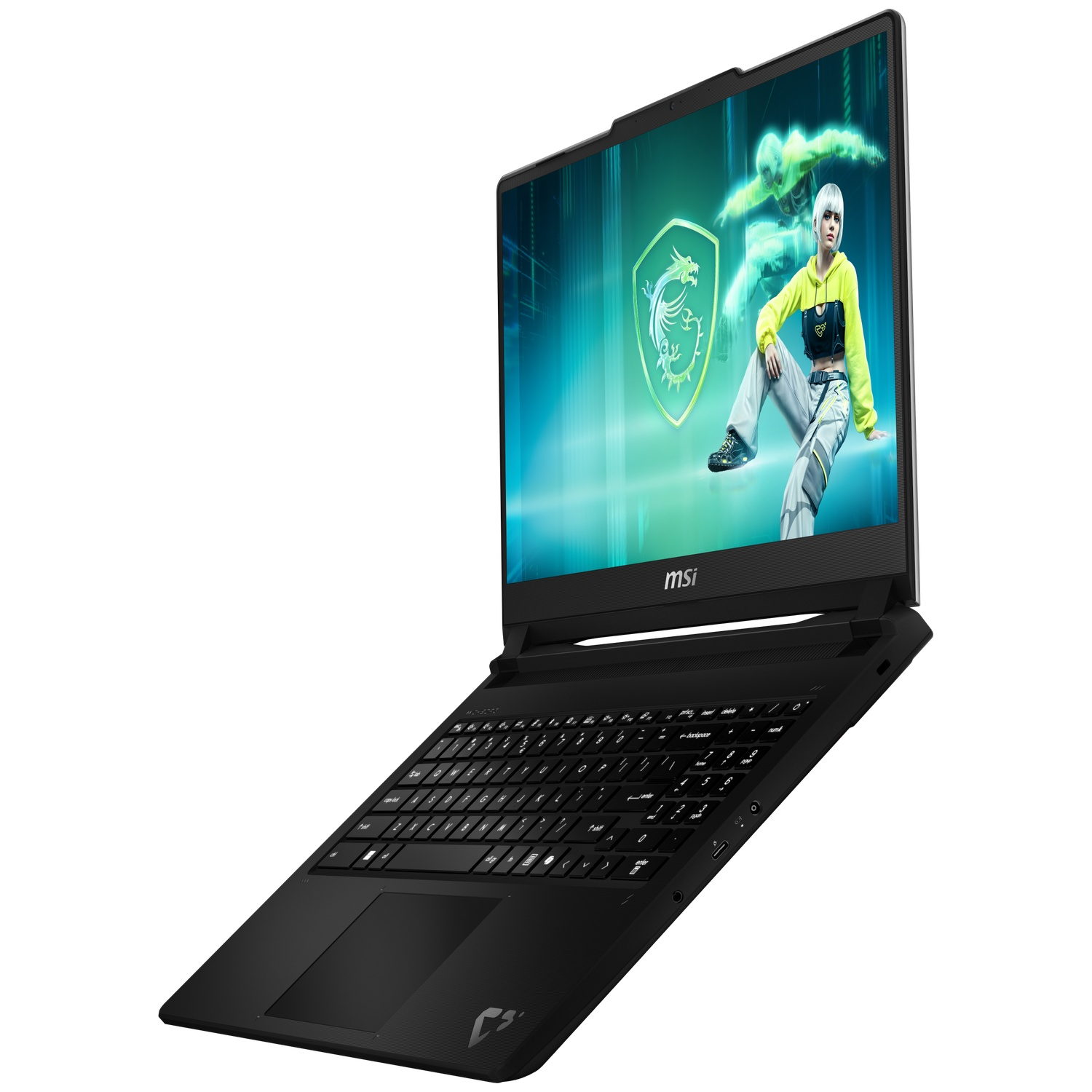 Black MSI gaming laptop displaying a bright green screen with a gaming graphic.