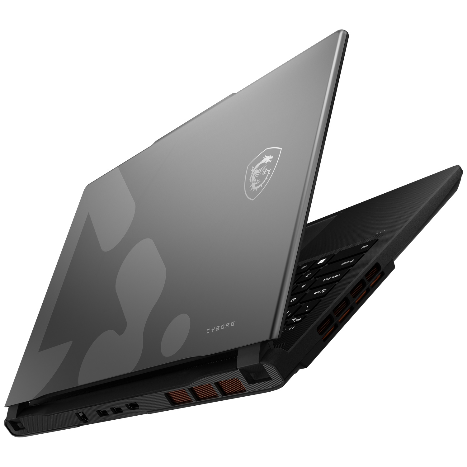 Angled grey MSI Cyborg laptop with dragon logo and pattern on lid.