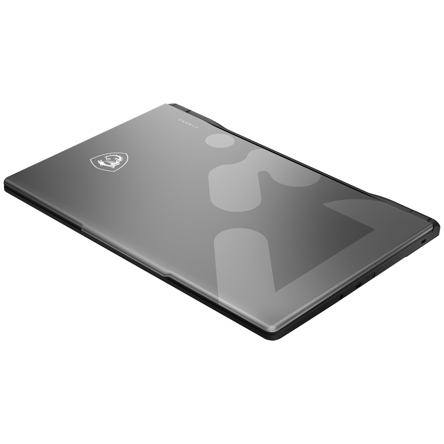 A closed grey MSI Cyborg laptop on a white background with a visible logo and sleek design.