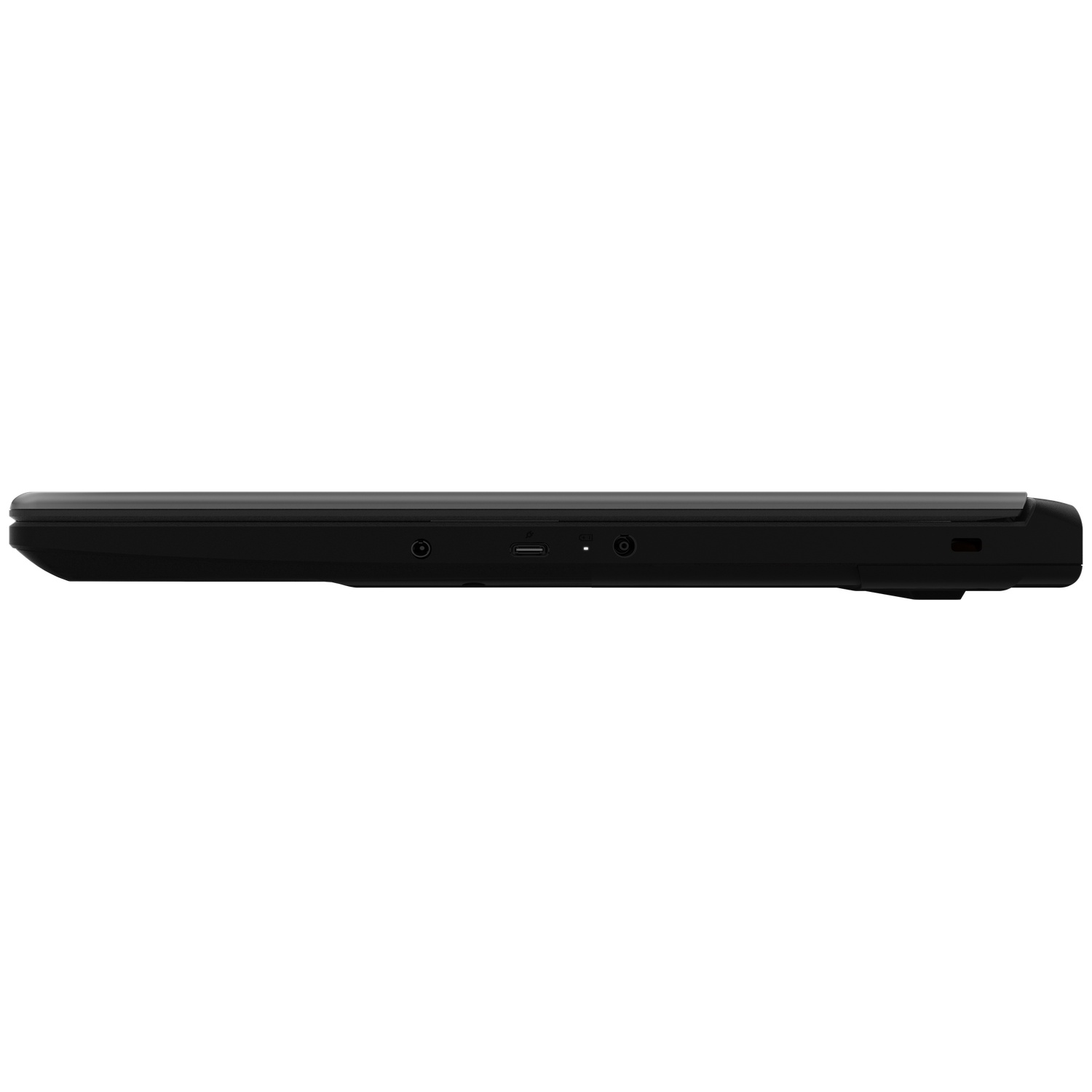 The back side of a closed black laptop shows various ports.