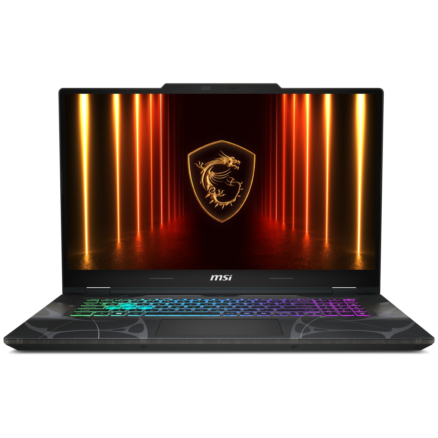 An open MSI gaming laptop displaying a glowing dragon shield logo on screen and colorful backlit keyboard.
