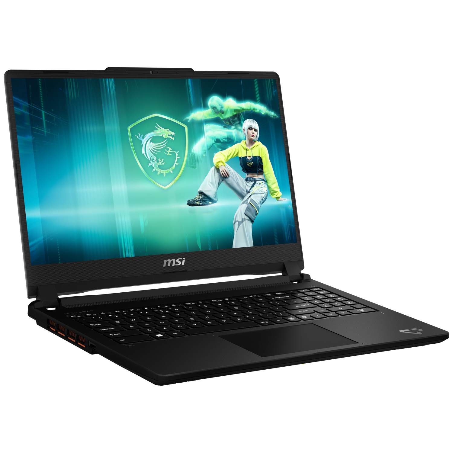 Een zwarte MSI-gamelaptop toont een achtergrond met anime-personages en een groen logo.
