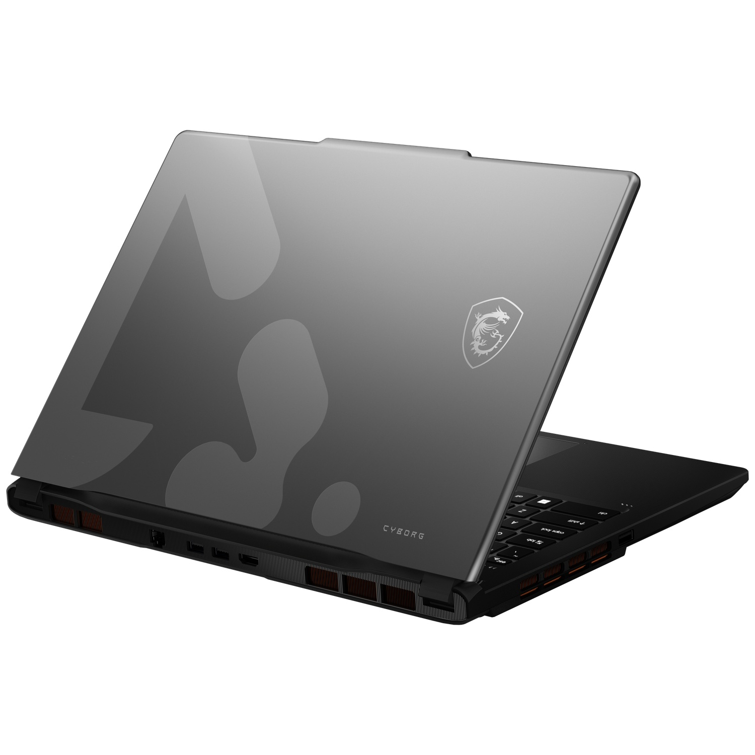 Een grijze MSI Cyborg gaming laptop met semi-transparant deksel en drakenlogo op een witte achtergrond.
