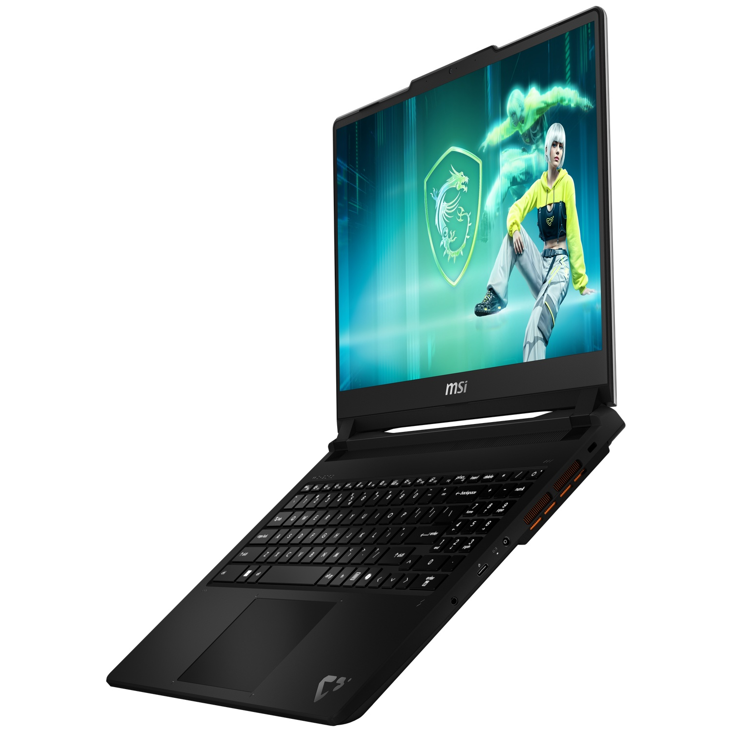 Een zwarte laptop met gaming wallpaper en verlicht toetsenbord.