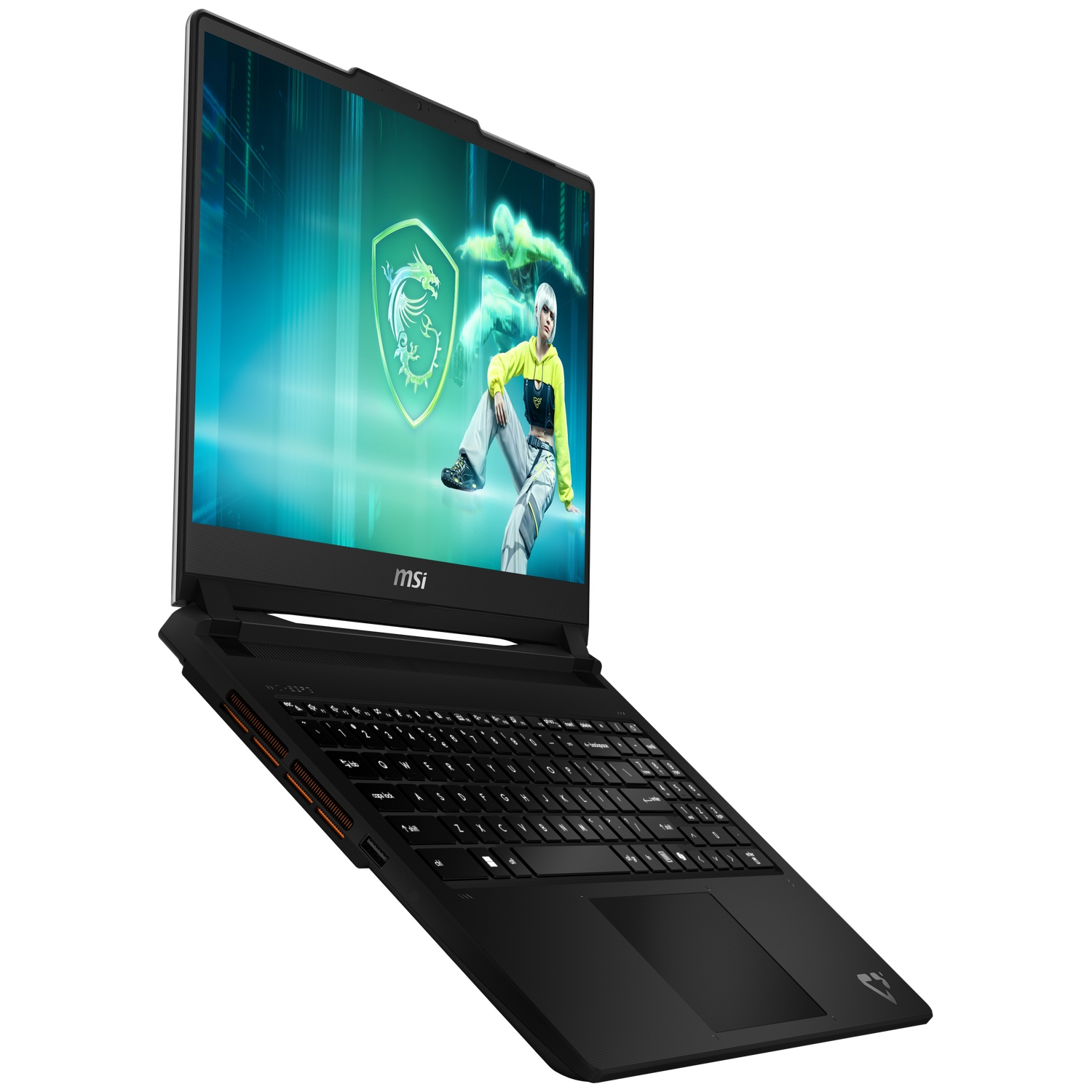 Een zwarte MSI-gaminglaptop toont een blauwe achtergrond met een gamepersonage.