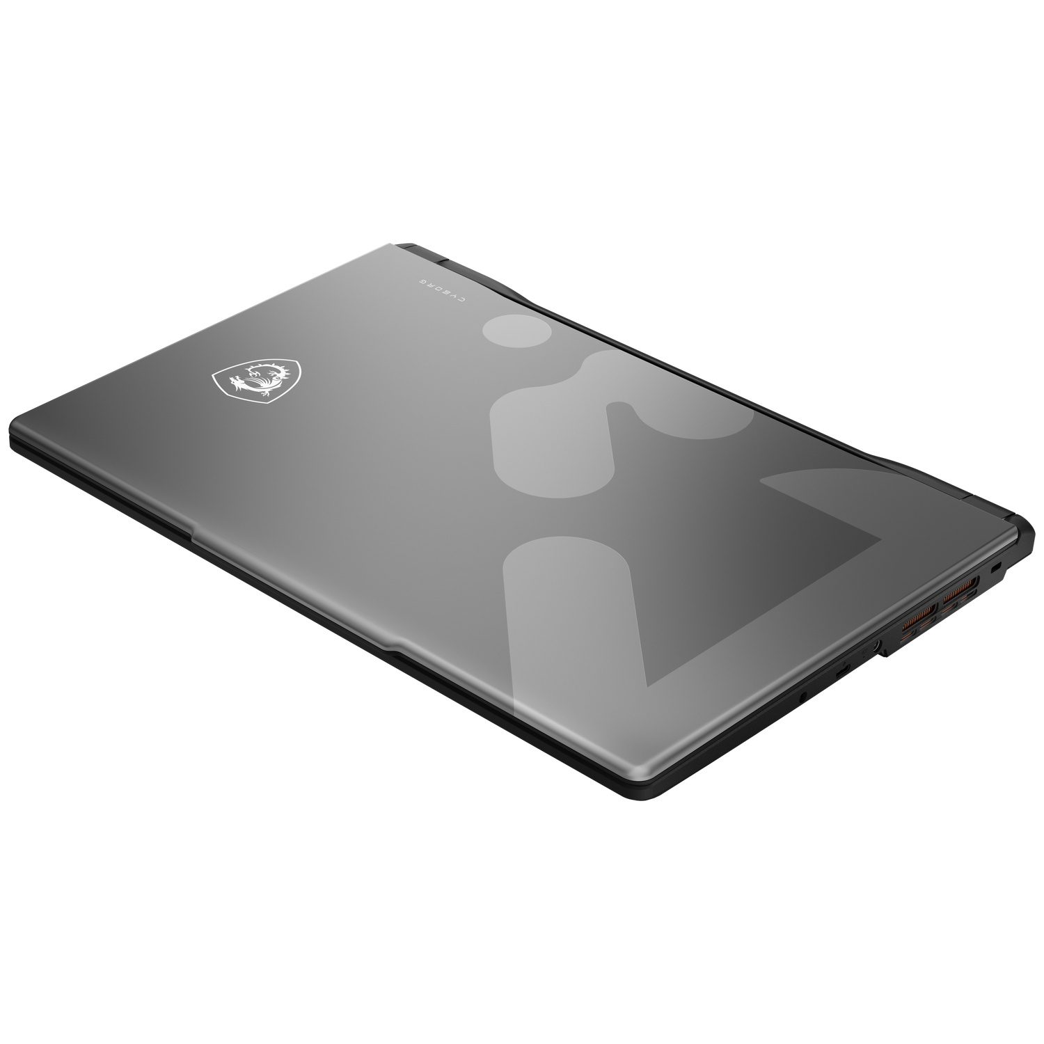 Gesloten grijze MSI Cyborg laptop met wit drakenlogo op de bovenkant, schuin op witte achtergrond.