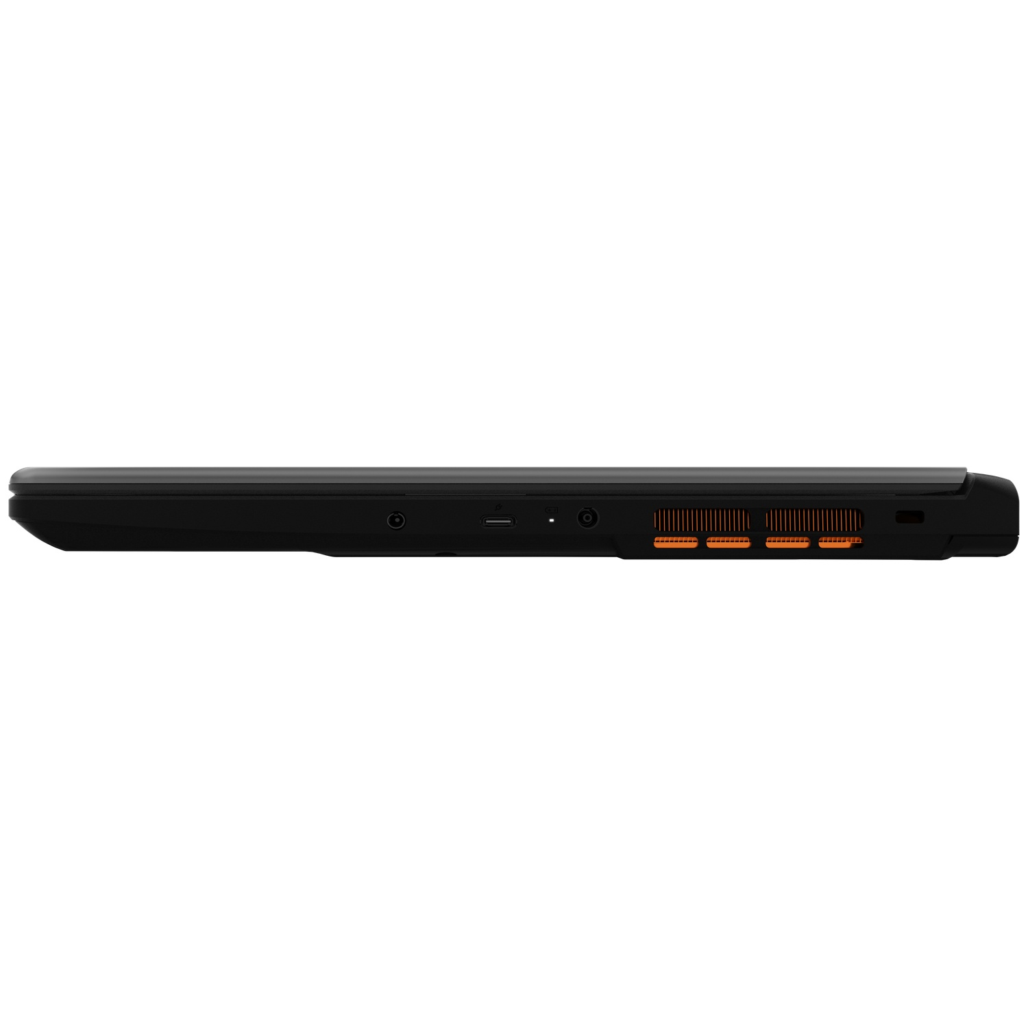 Linkerkant van een gesloten laptop met verschillende poorten en oranje ventilatieroosters.