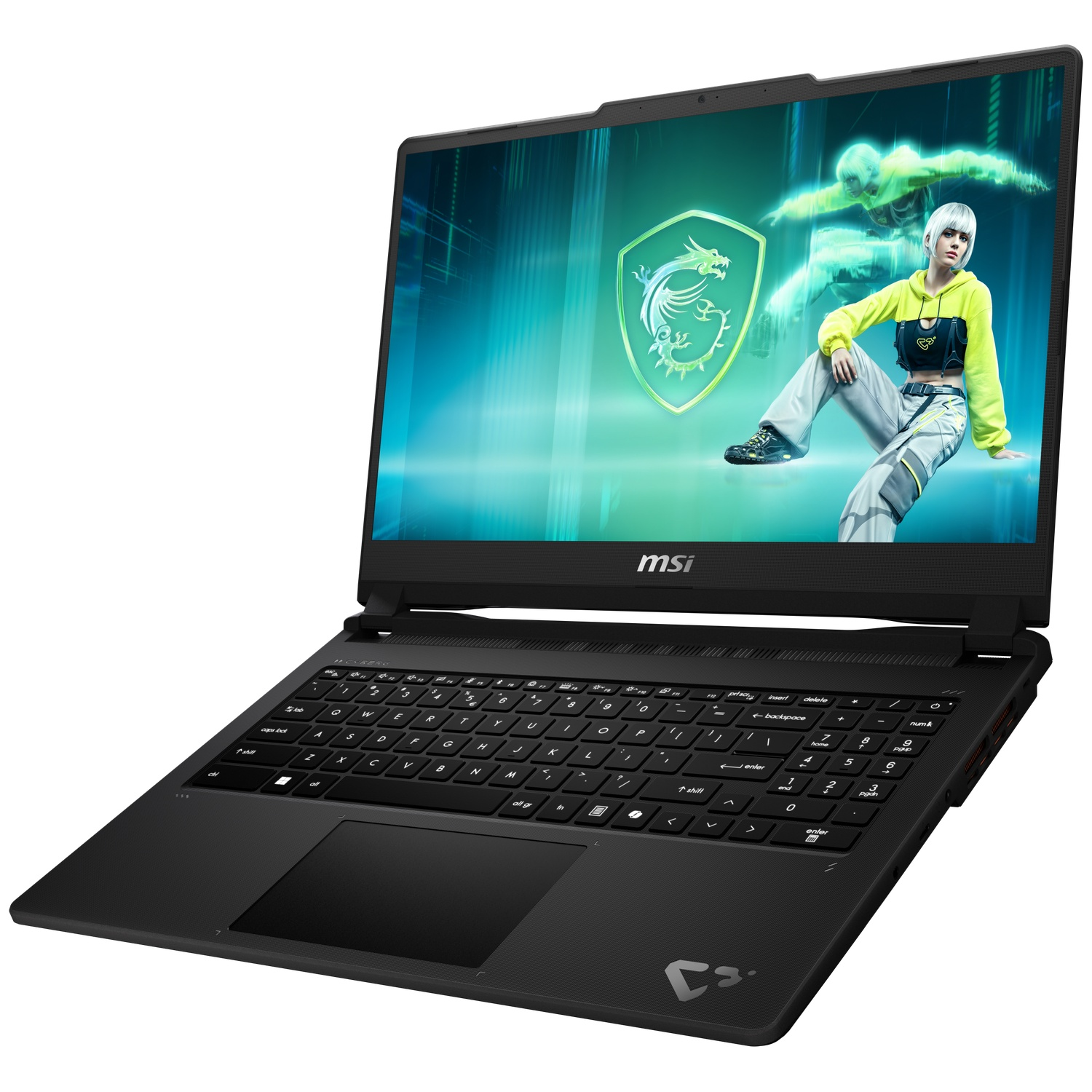 Een zwarte MSI-gaminglaptop toont een groene, cyberpunk-achtige afbeelding op het scherm.