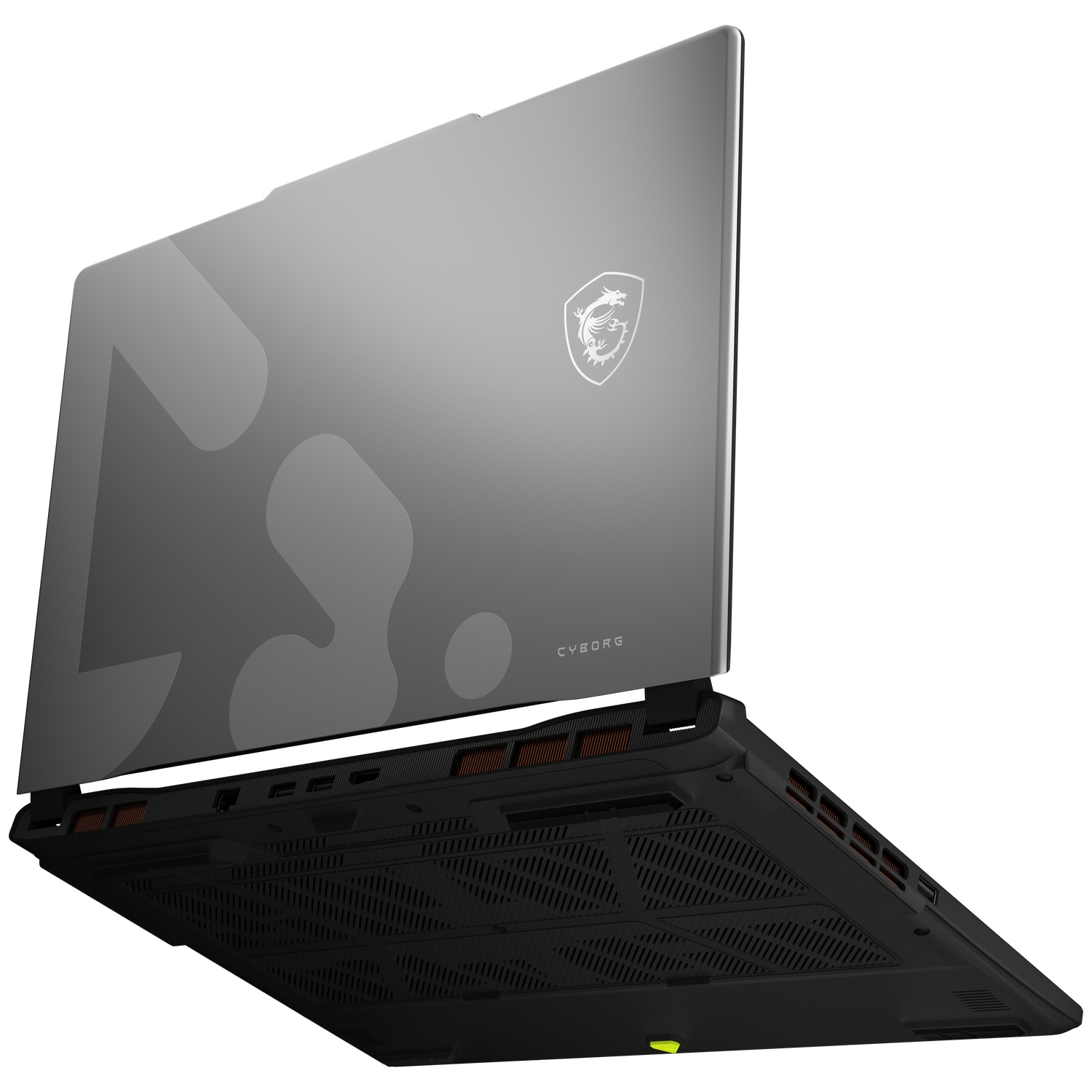 Grijze MSI Cyborg laptop van onderen en achteren gezien, met zwarte onderkant en drakenlogo.