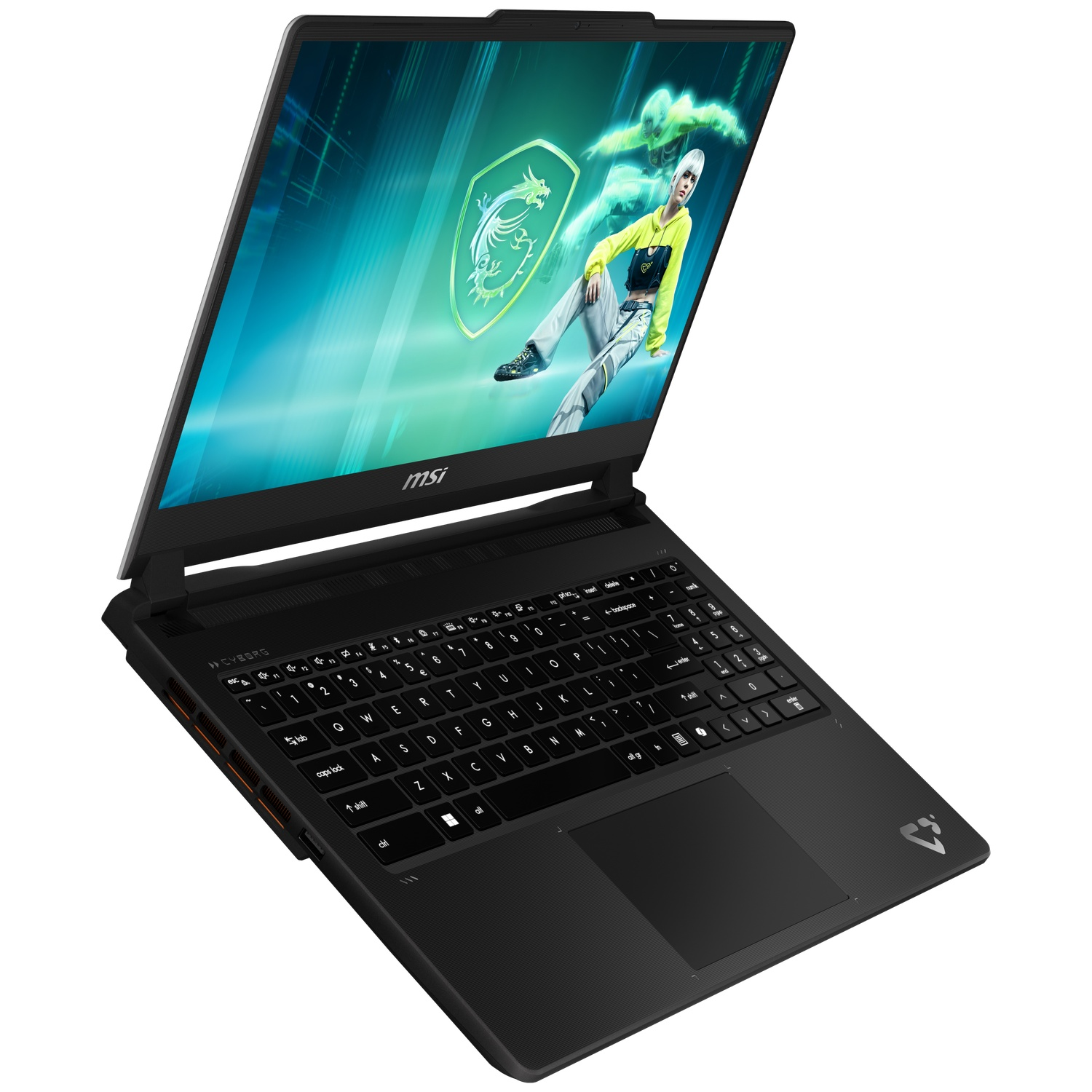Een zwarte MSI-gamelaptop met verlicht scherm en toetsenbord tegen een heldere, cyber-geïnspireerde achtergrond.
