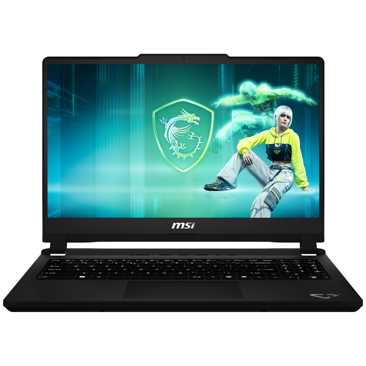 Een zwarte MSI-laptop toont een blauw cyberpunk-scherm met de afbeelding van een vrouwelijke figuur.