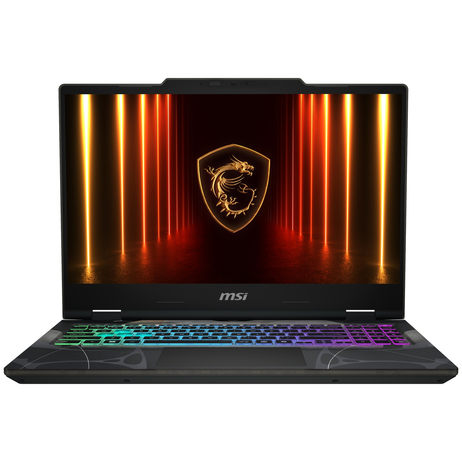 Een open MSI gaming-laptop met kleurrijk verlicht toetsenbord en een drakenlogo op het scherm.