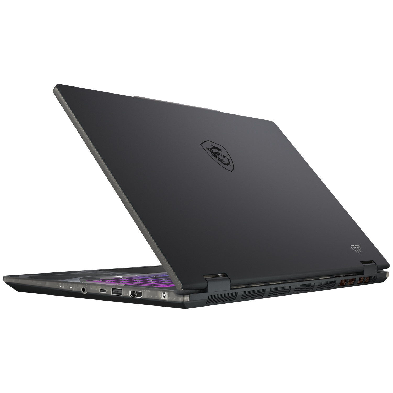 Zwarte laptop met een drakenlogo op de achterkant en een verlicht toetsenbord.