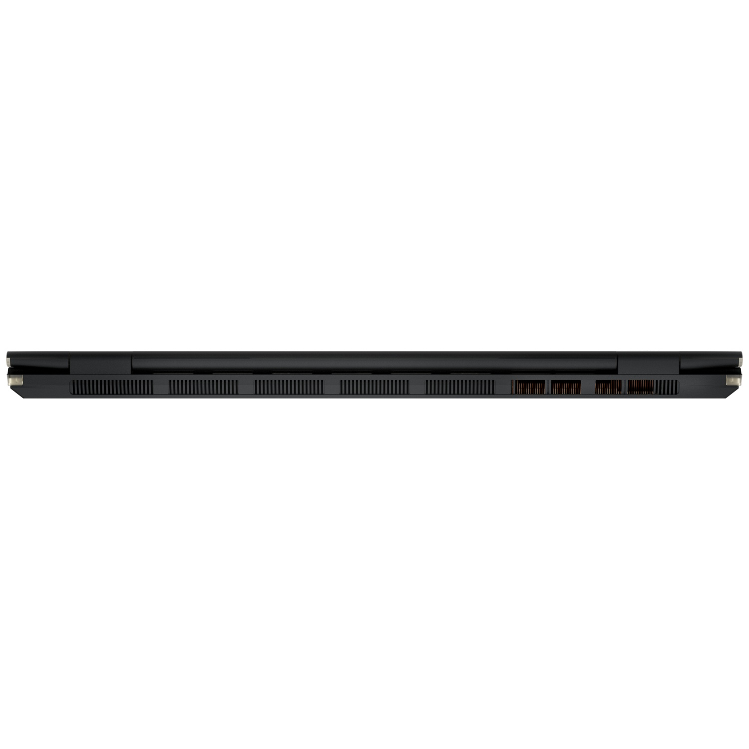 Achteraanzicht van een gesloten zwarte laptop met ventilatieopeningen en poorten op een witte achtergrond.