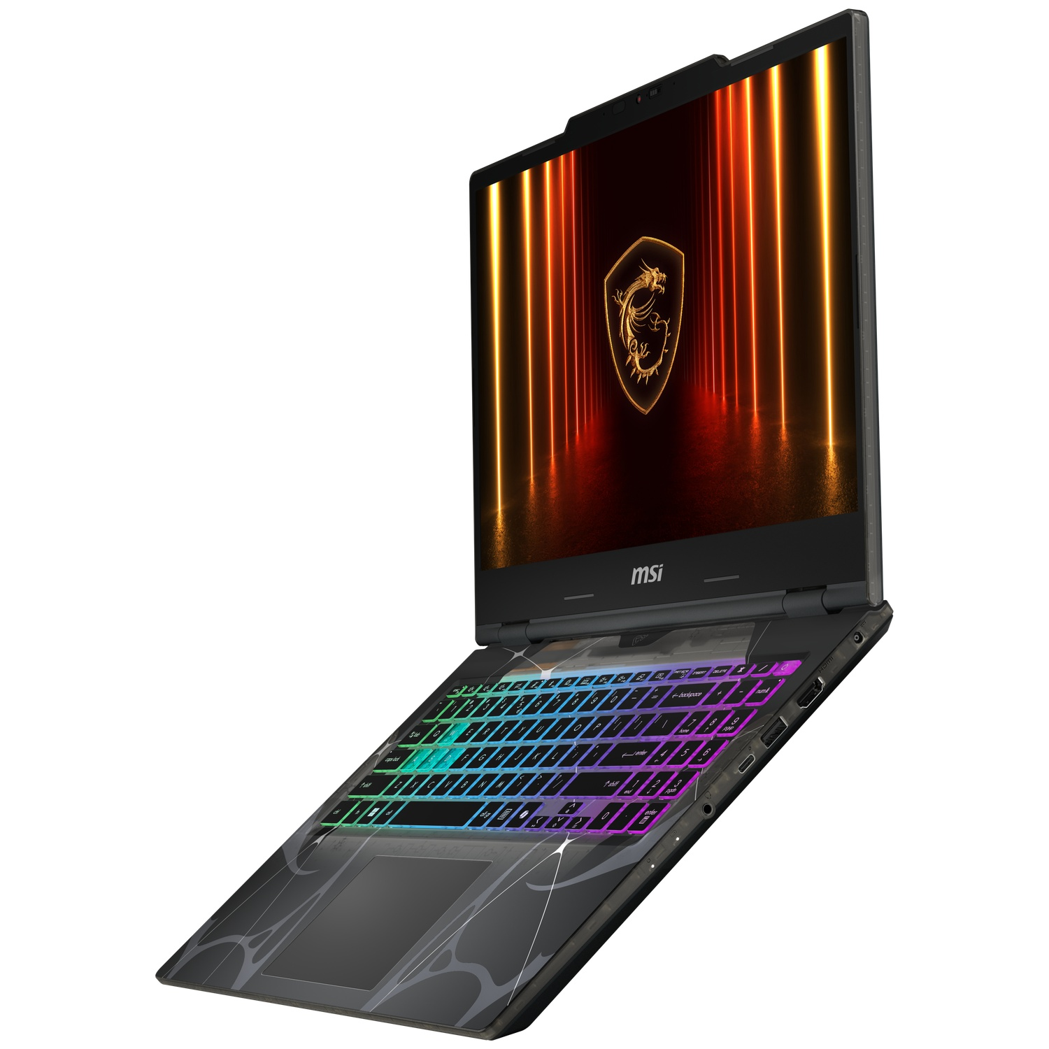 Een open gaming-laptop met RGB-toetsenbord en MSI-logo op het verlichte scherm tegen een witte achtergrond.