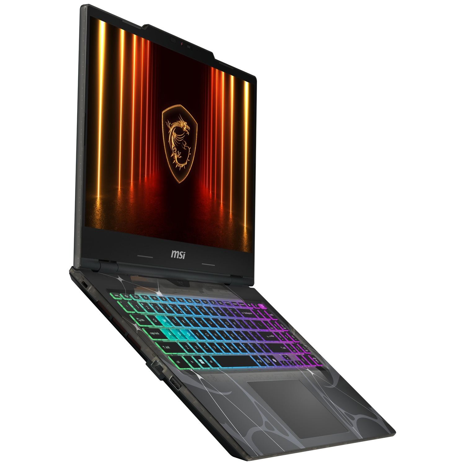 Een open MSI-gaminglaptop met verlicht RGB-toetsenbord en een scherm met oranje lichtachtergrond en het MSI-logo.