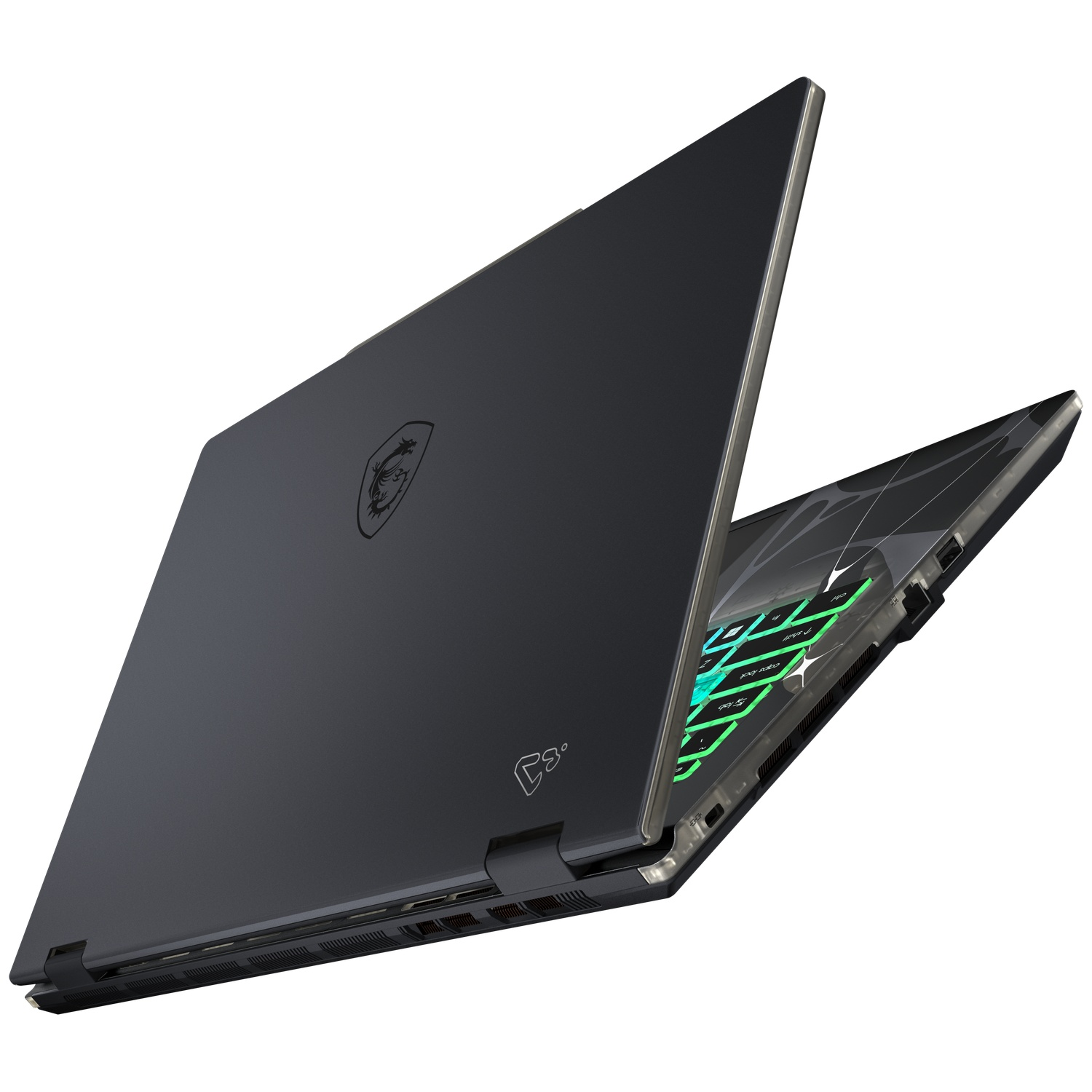 Een gesloten zwarte MSI-gaminglaptop met drakenlogo staat licht open op een witte achtergrond.
