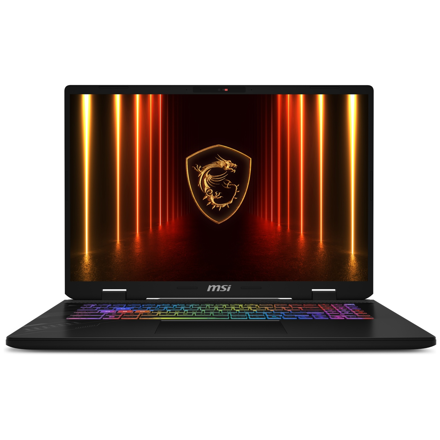 MSI-gaminglaptop met zwartebehuizing en RGB-verlicht toetsenbord voor een oplichtende drakenachtergrond.