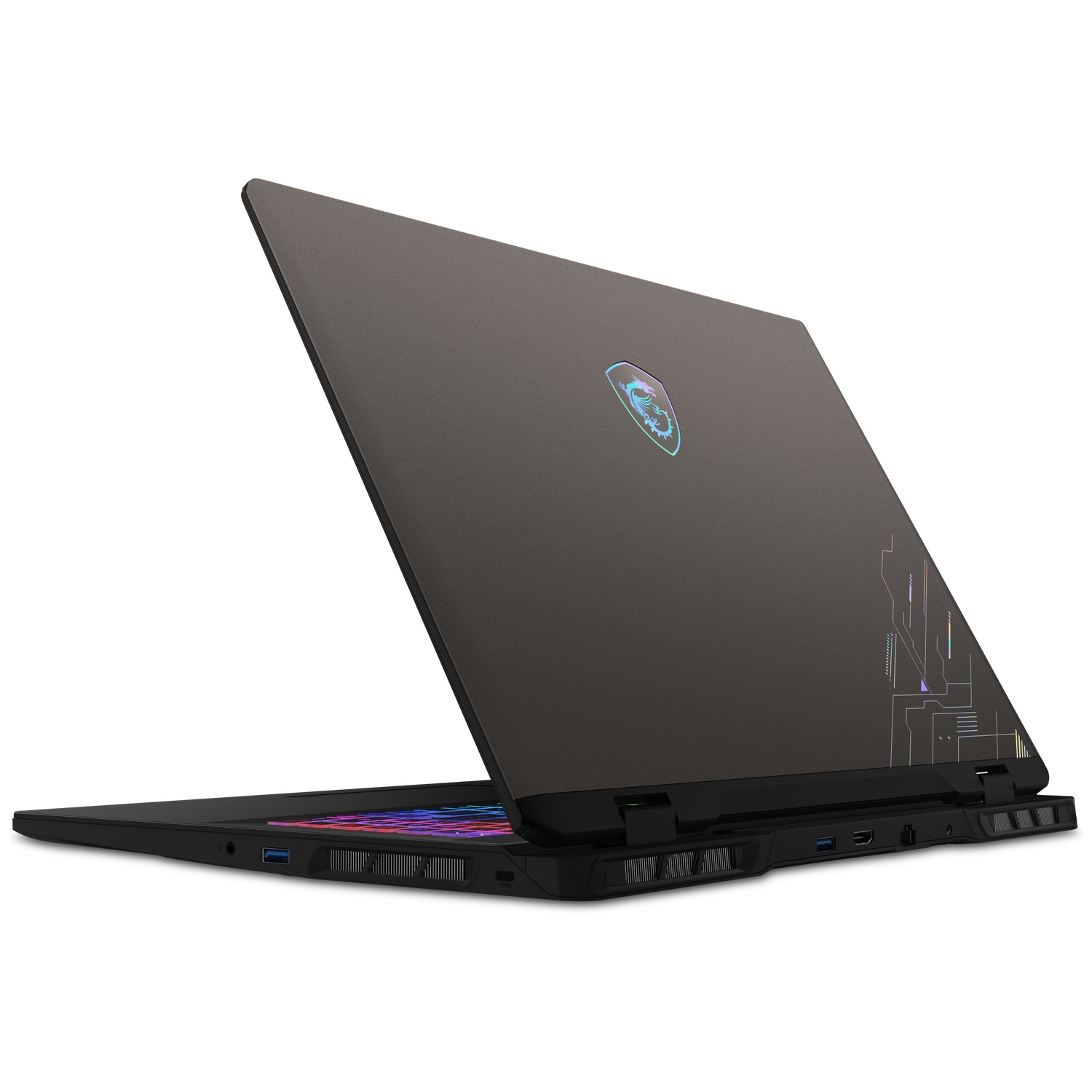 Een grijze laptop met verlicht logo en RGB-toetsenbord op een witte achtergrond.