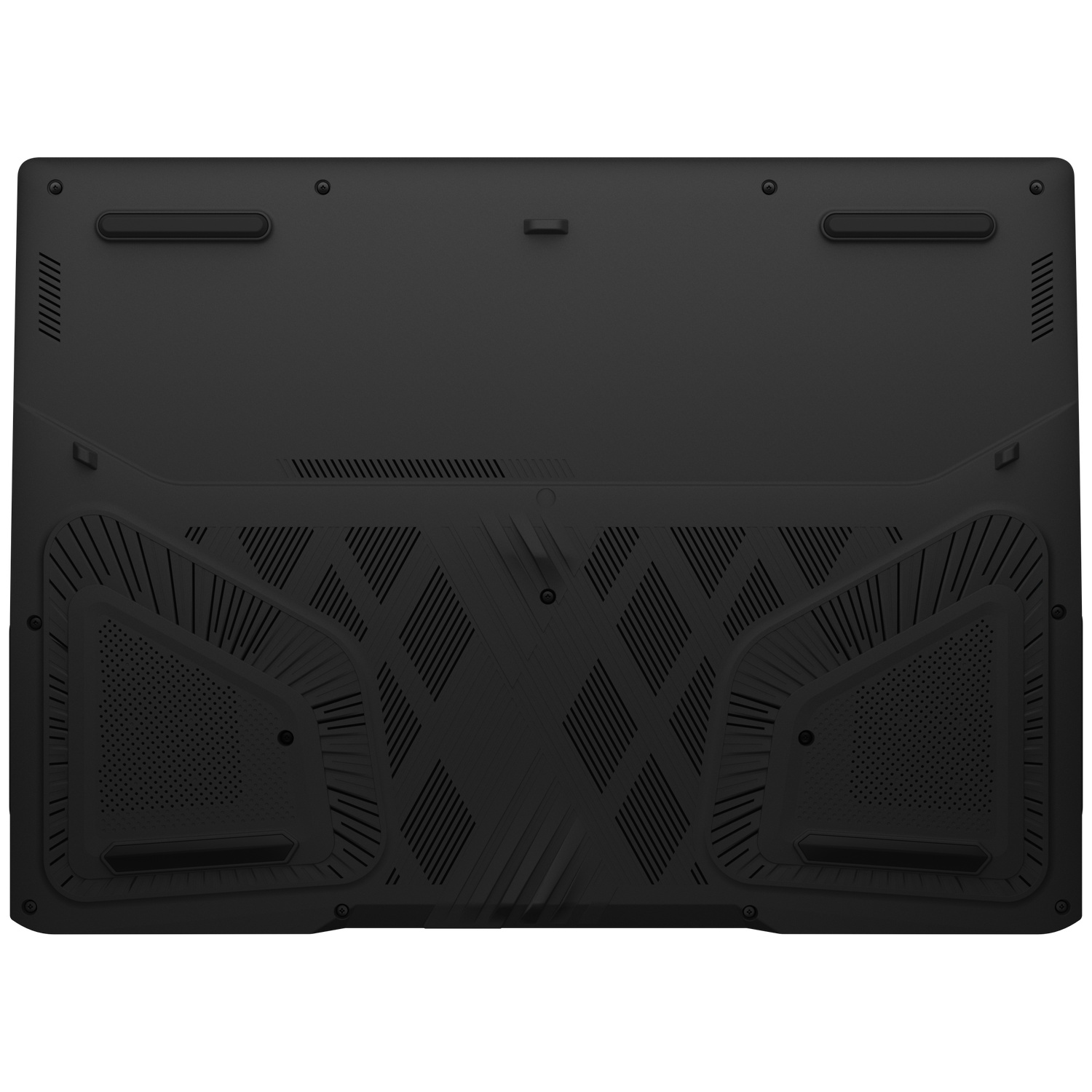Onderkant van een zwarte laptop met ventilatiesleuven en rubberen voetjes.