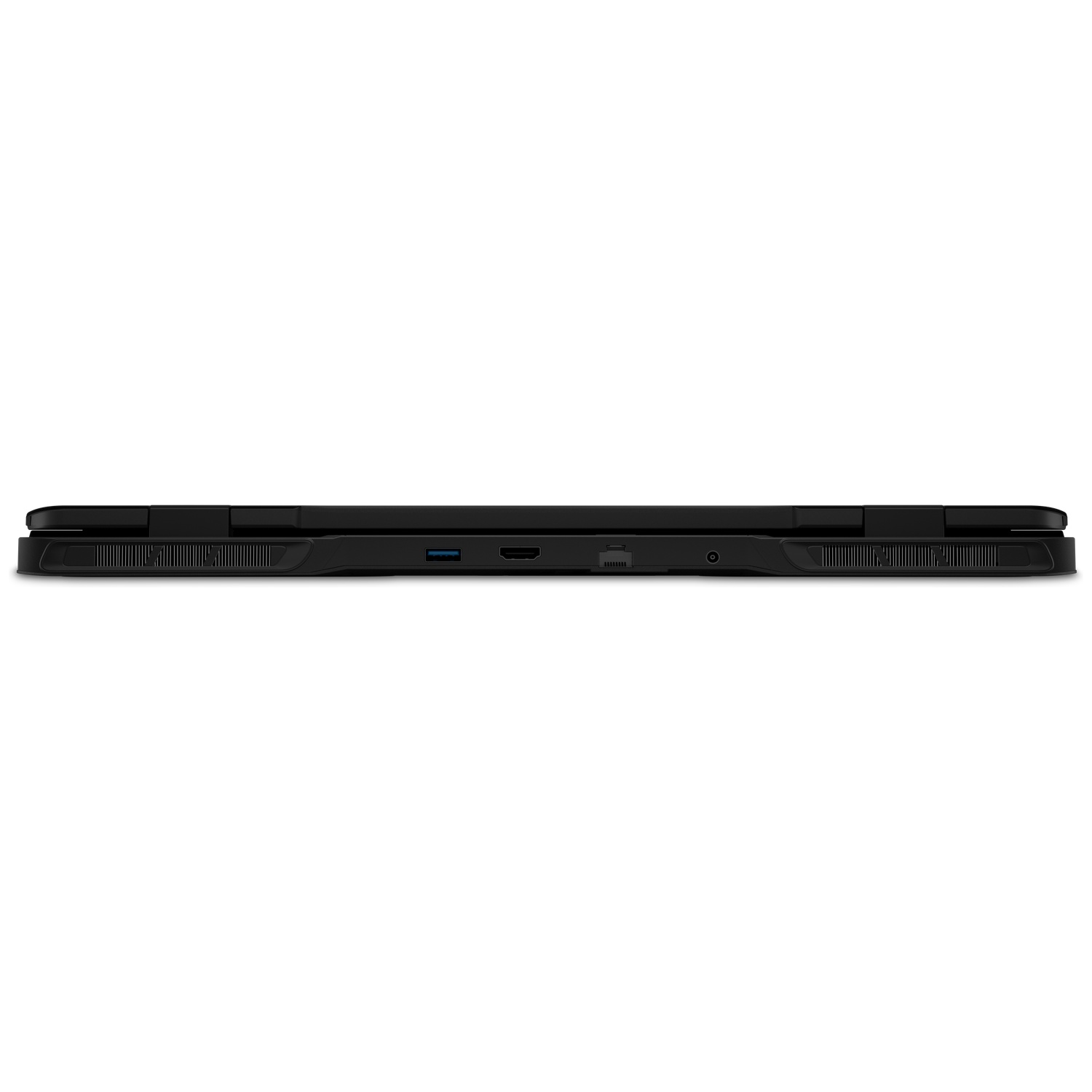 Achterkant van een zwarte laptop met ventilatieopeningen, USB-poort, HDMI-poort, ethernet-poort en audio-aansluiting.