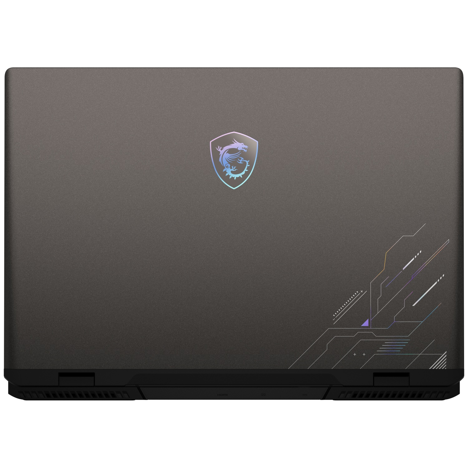 Grijze MSI laptopdeksel met een iriserend drakenlogo en gekleurde lijnen.