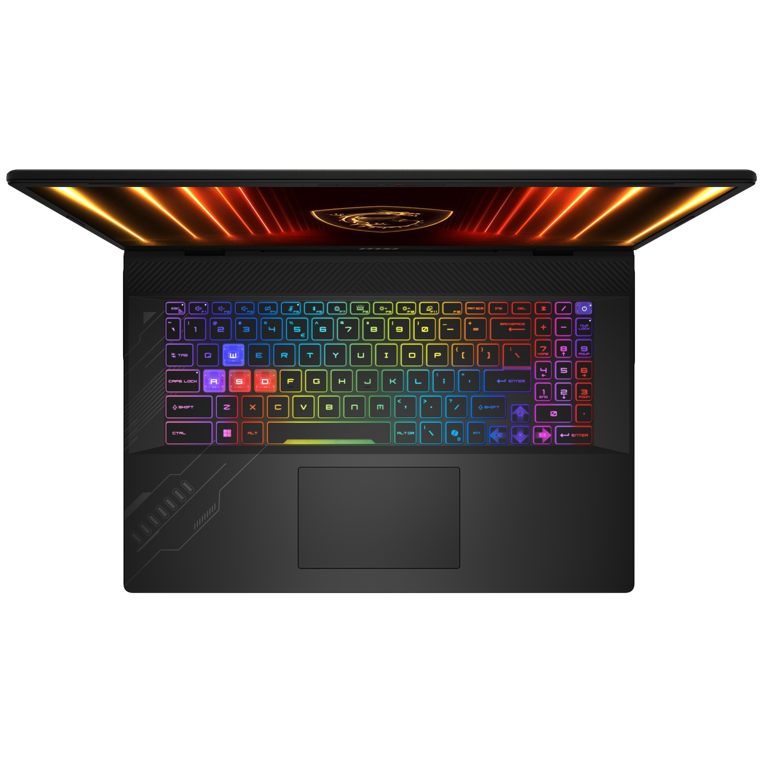 Bovenaanzicht van een zwarte laptop met gekleurd verlicht toetsenbord en verlicht scherm.
