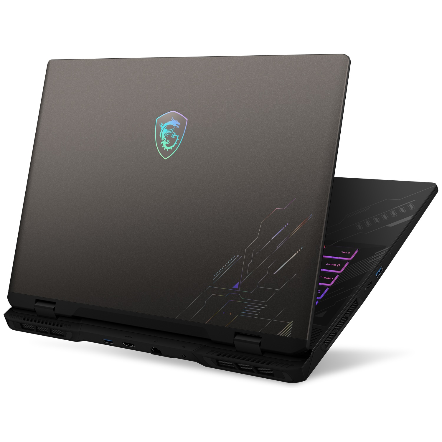 Een zwarte gaming-laptop met verlicht drakenlogo en gekleurd toetsenbord tegen witte achtergrond.