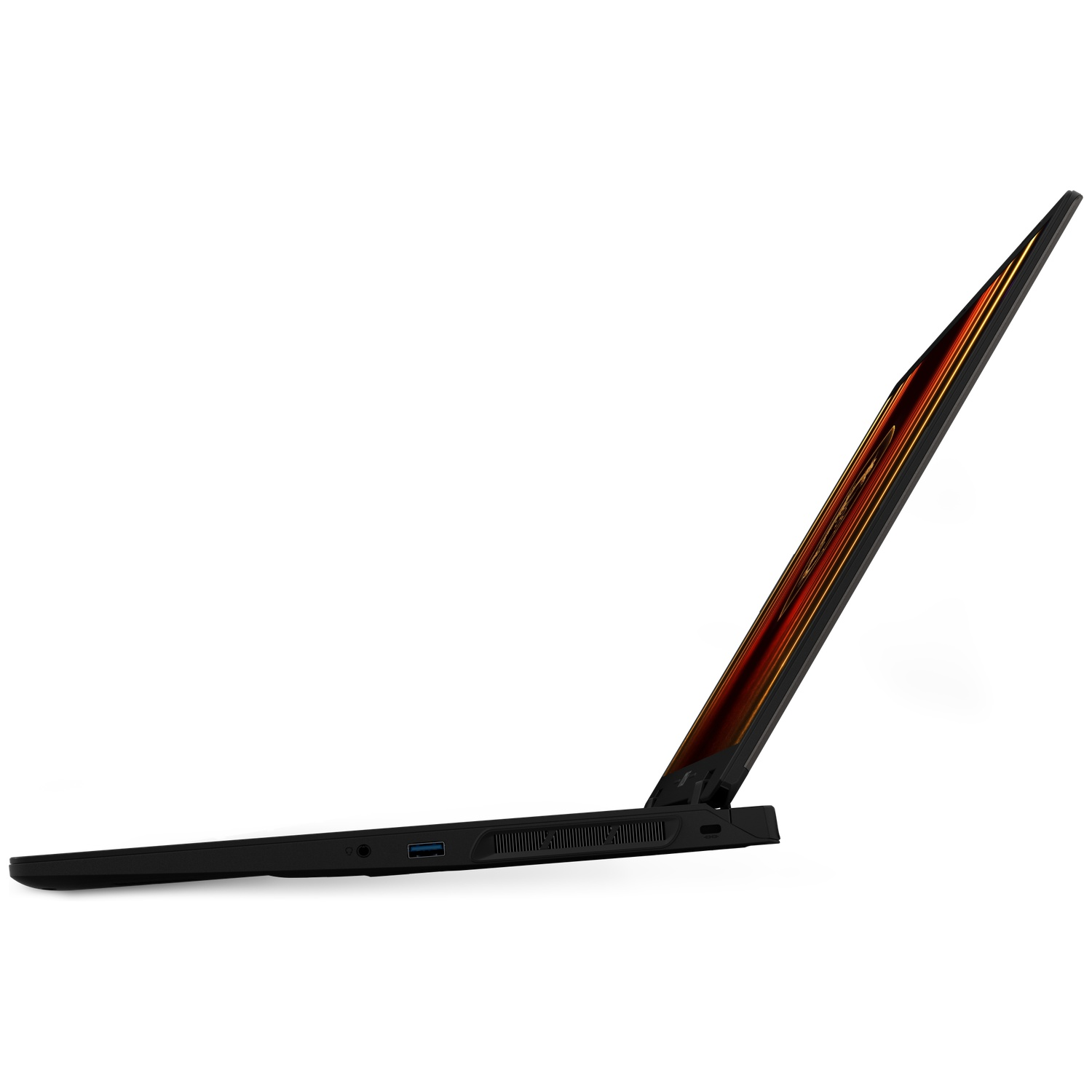 Zijaanzicht van een zwarte laptop met gekleurd scherm op een witte achtergrond.