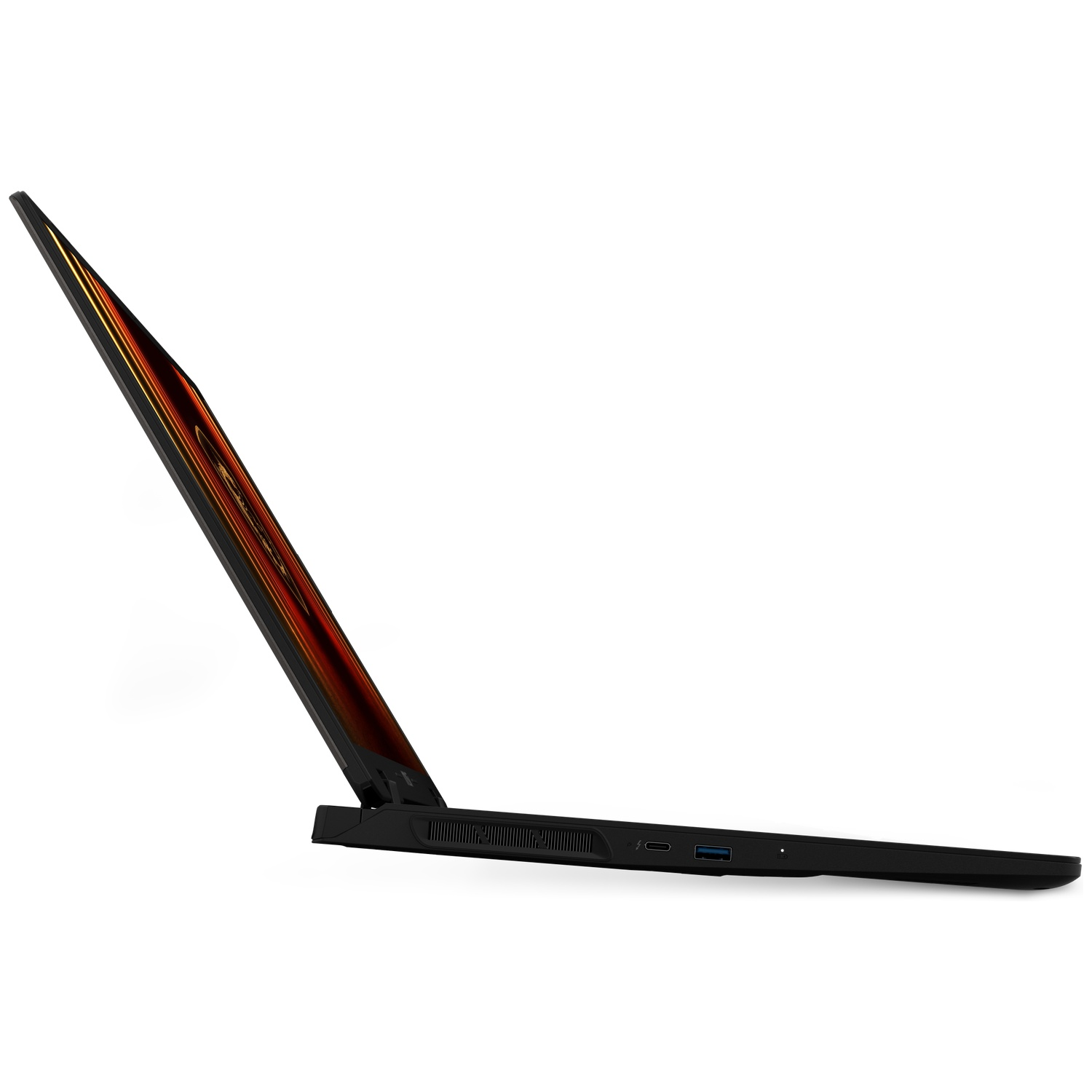 Zijaanzicht van een zwarte laptop met open scherm tegen een witte achtergrond.