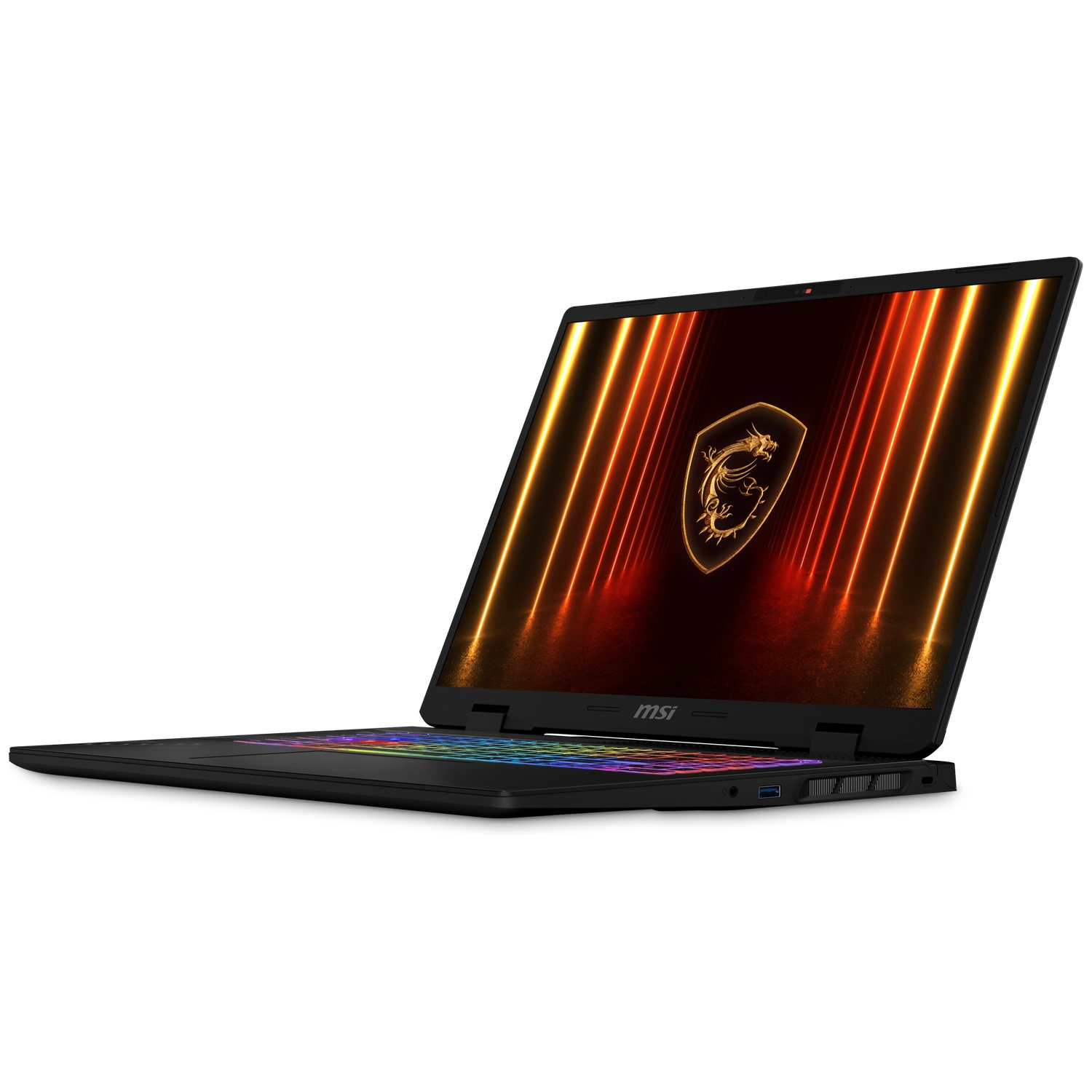 Een zwarte MSI gaming-laptop met oplichtend RGB-toetsenbord en levendig scherm met het MSI-drakenlogo.
