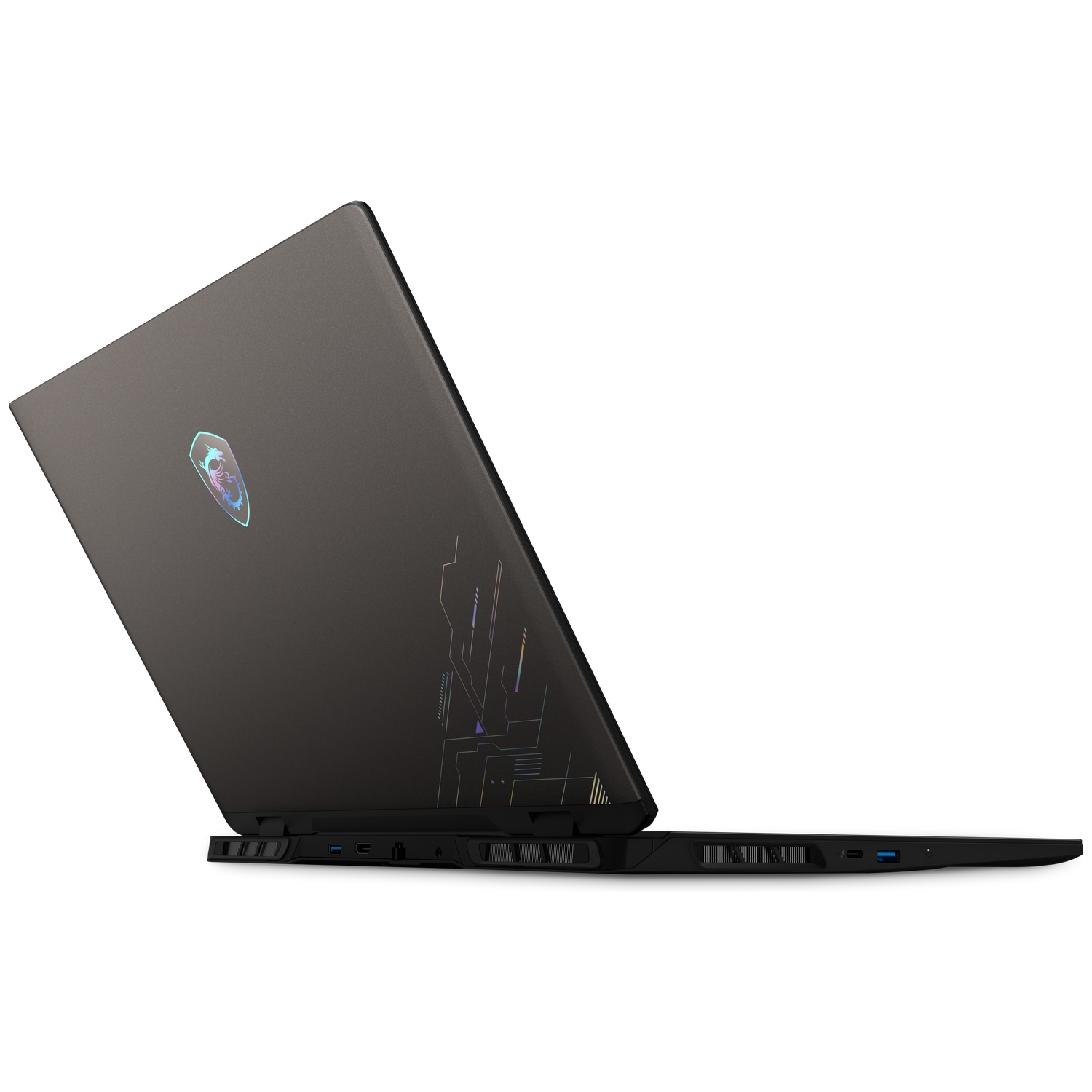 Zwarte MSI gaming laptop met open scherm en oplichtend drakenlogo.