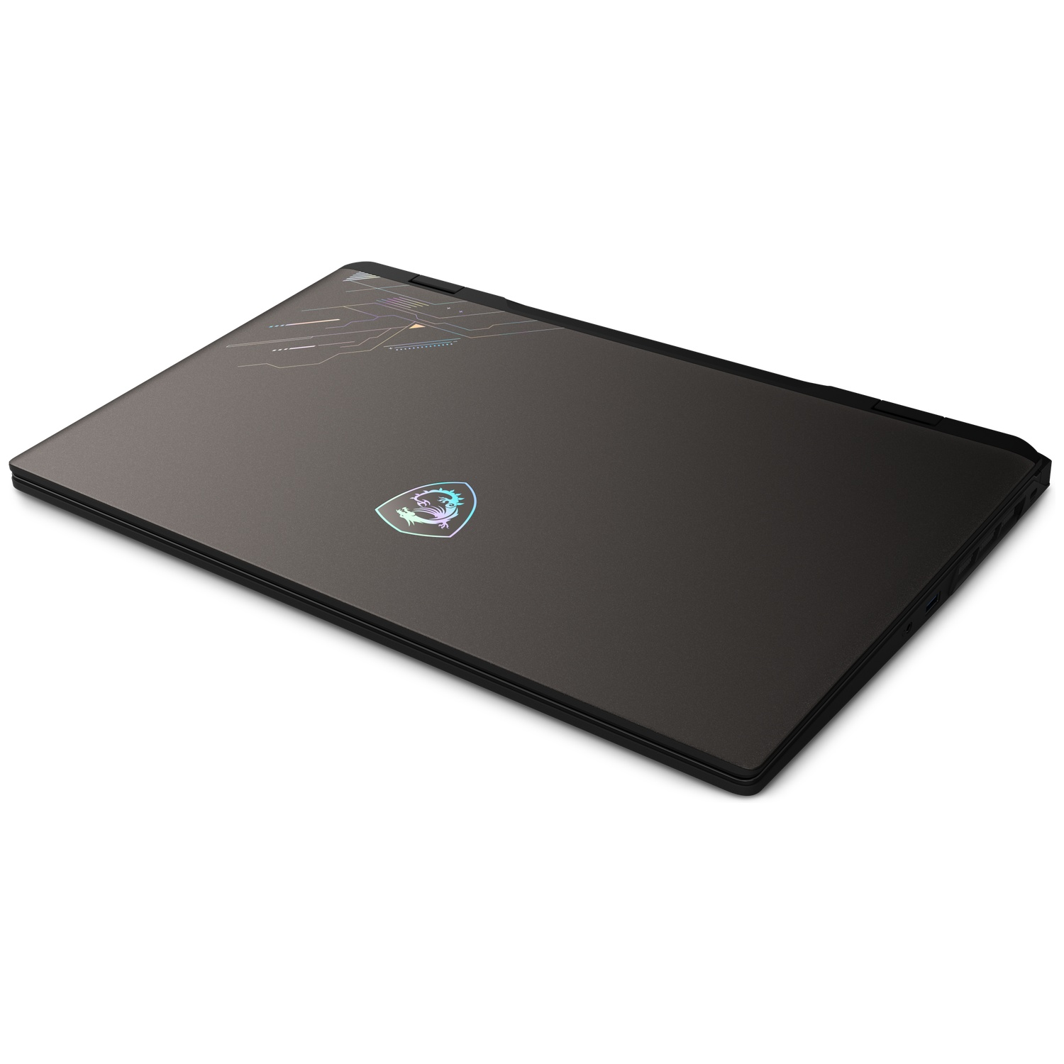 Een gesloten zwarte gaming-laptop met een verlicht logo en geometrische lijnen.