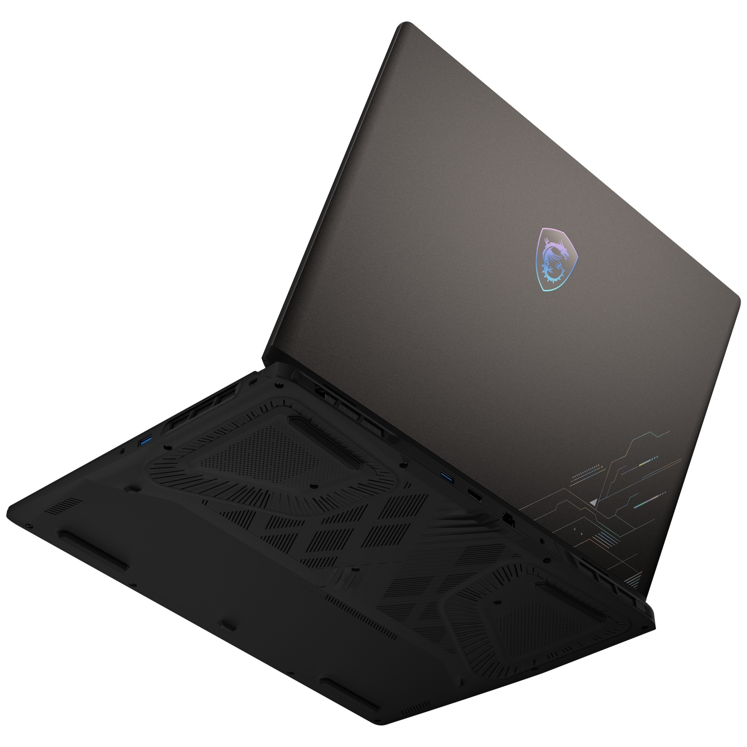 Een zwarte MSI-laptop vanuit een hoek gezien, met het verlichte deksel en de onderkant.