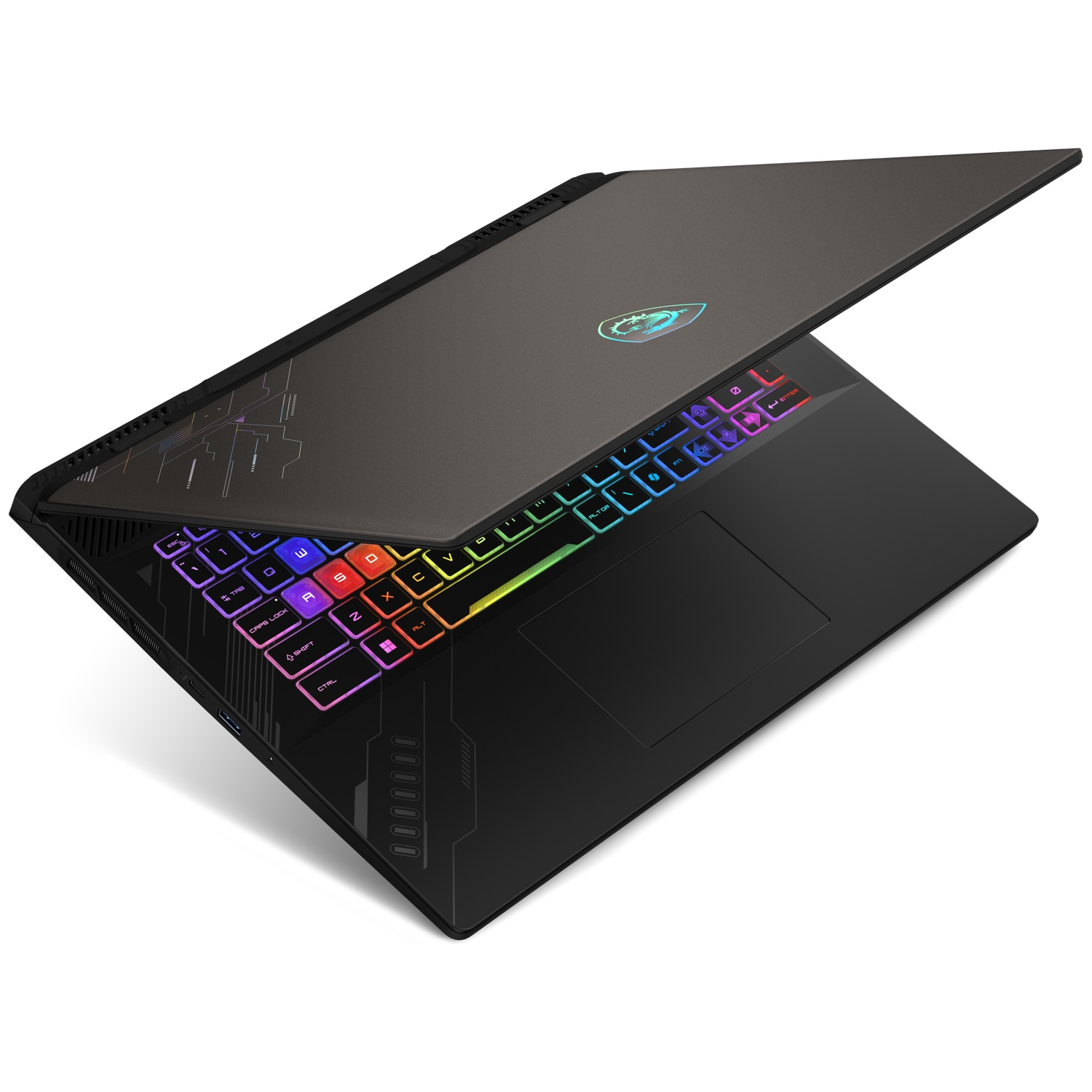 Een zwarte gaming-laptop met een gedeeltelijk gesloten klep en een kleurrijk verlicht toetsenbord op een witte achtergrond.