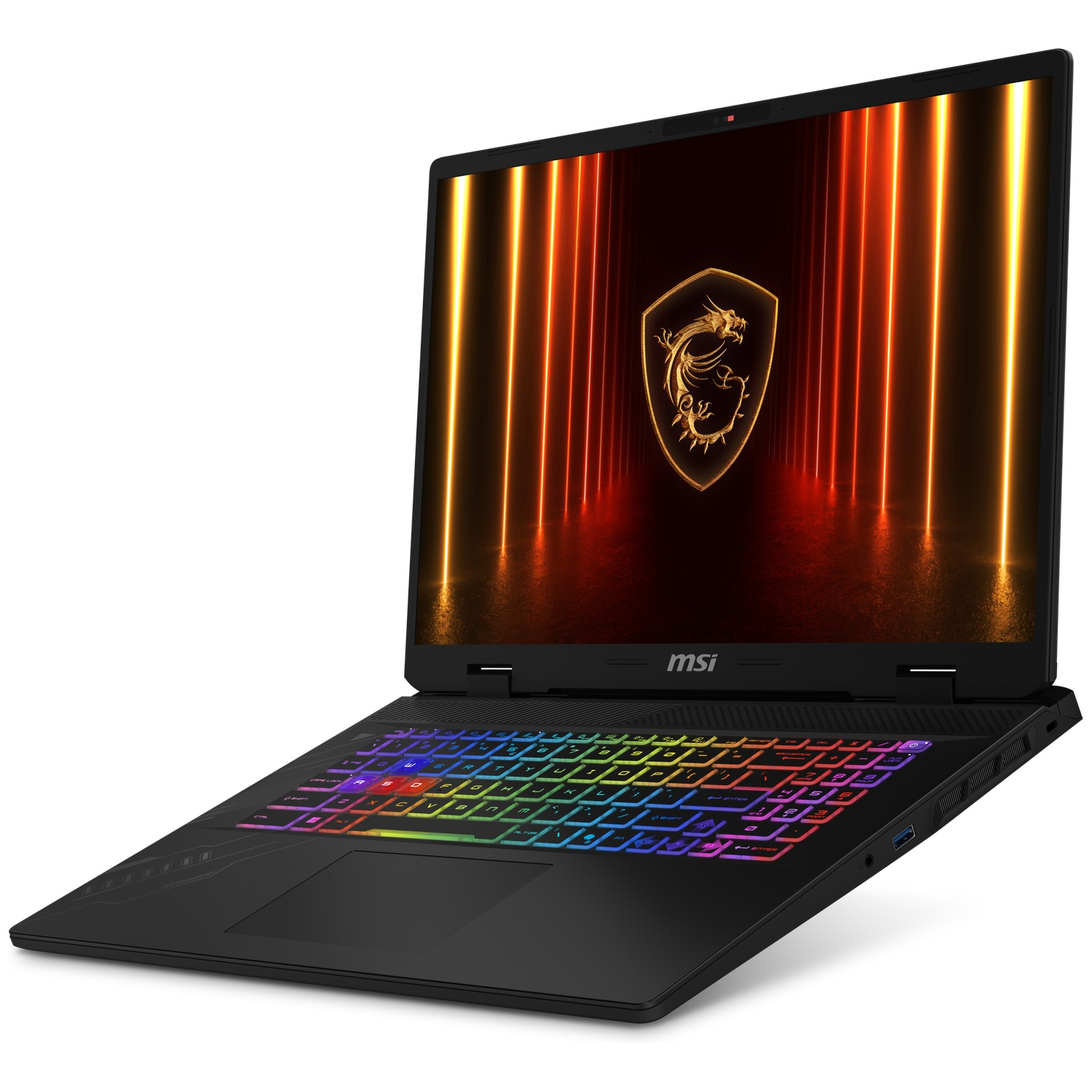 Zwarte MSI-gamelaptop met RGB-toetsenbord en gouden drakenlogo op het scherm.