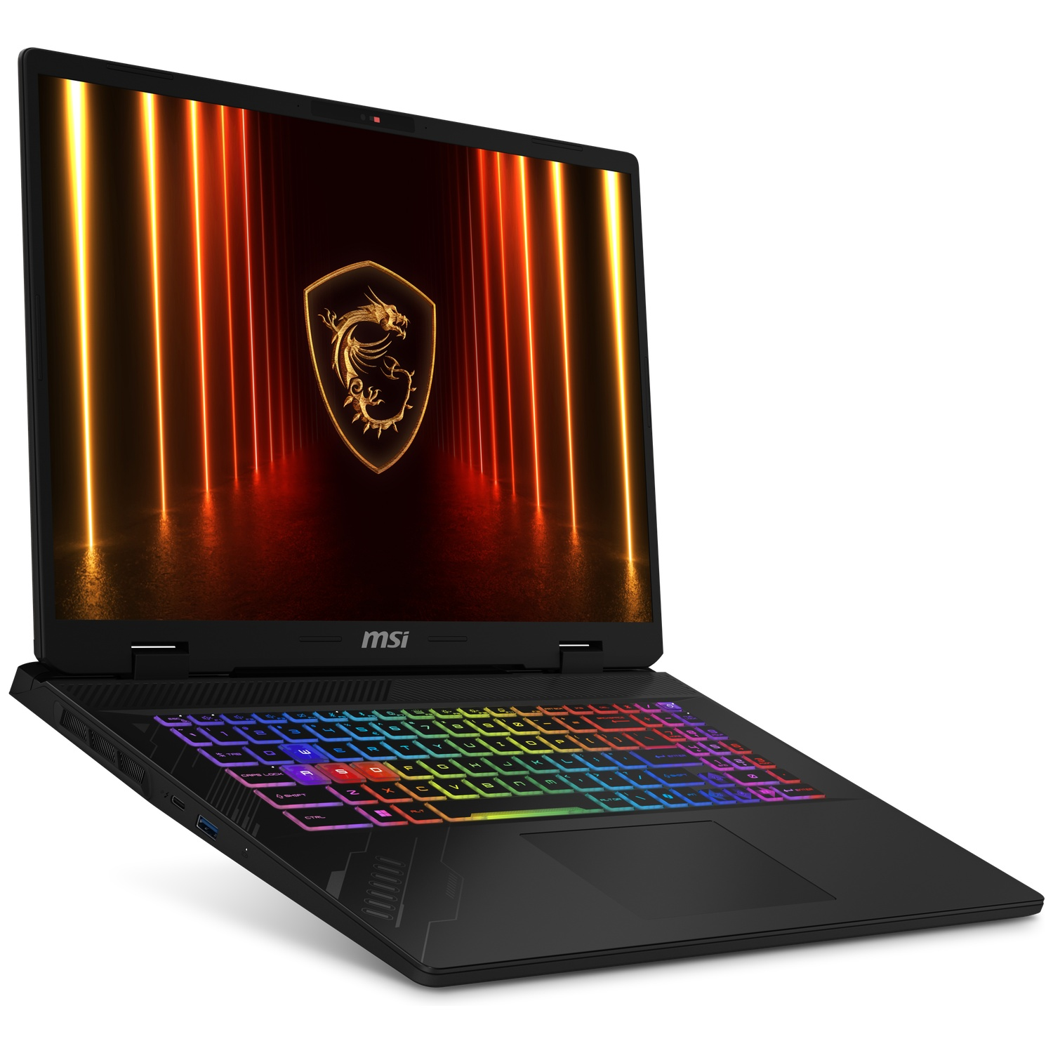 Een zwarte MSI-gaminglaptop met RGB-verlicht toetsenbord en drakenlogo op het scherm.