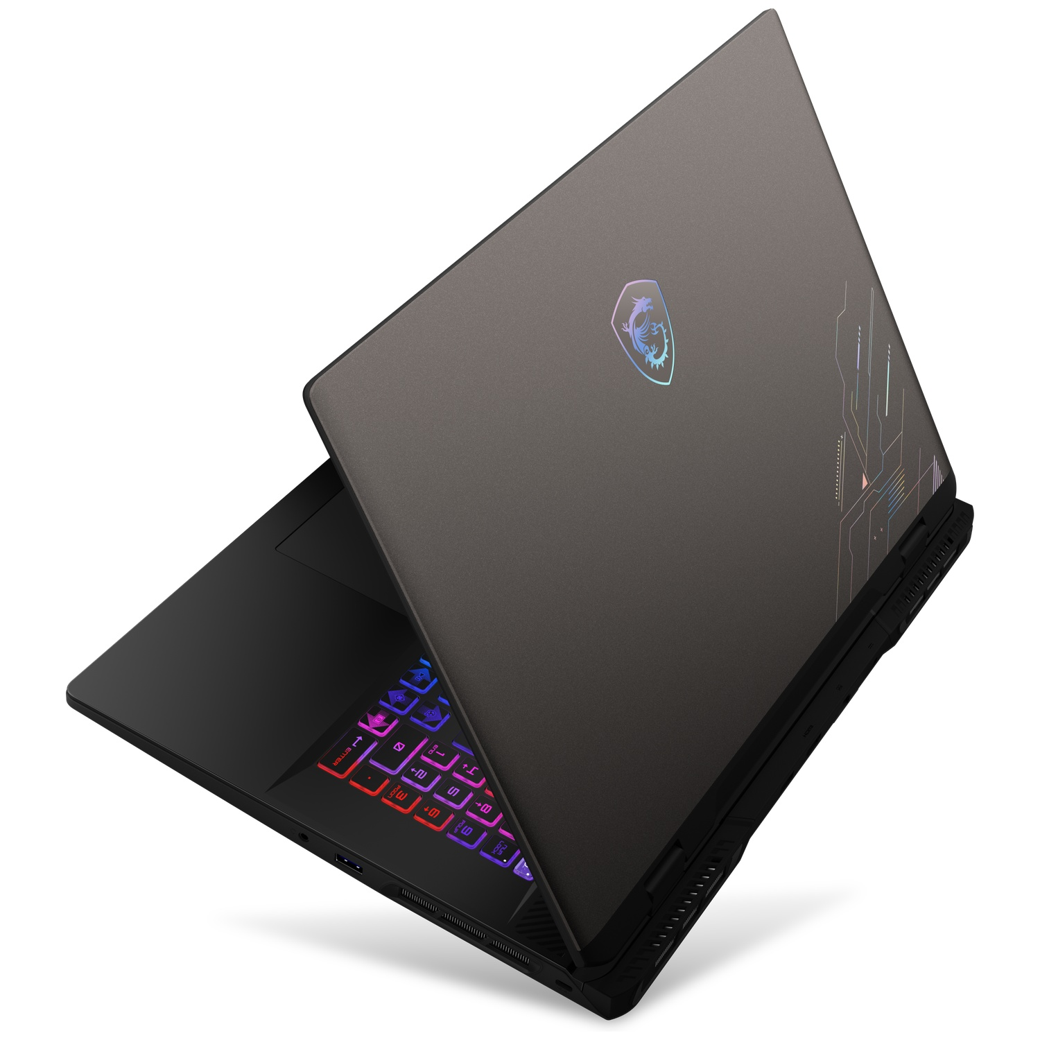 Een grijze laptop met een gesloten deksel toont een oplichtend blauw drakenlogo en kleurrijke toetsenbordverlichting.