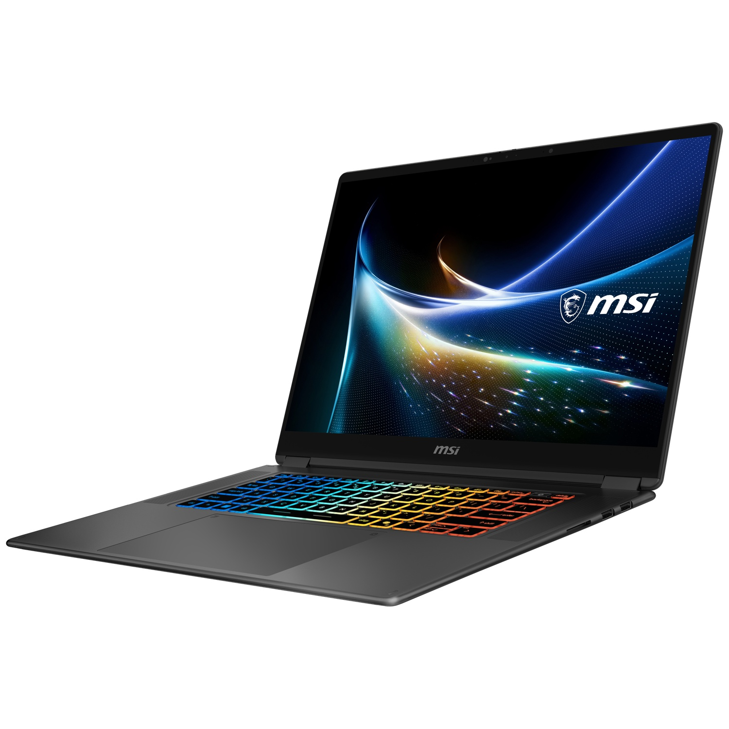 Un ordinateur portable MSI noir avec un fond d'écran coloré et un clavier lumineux.