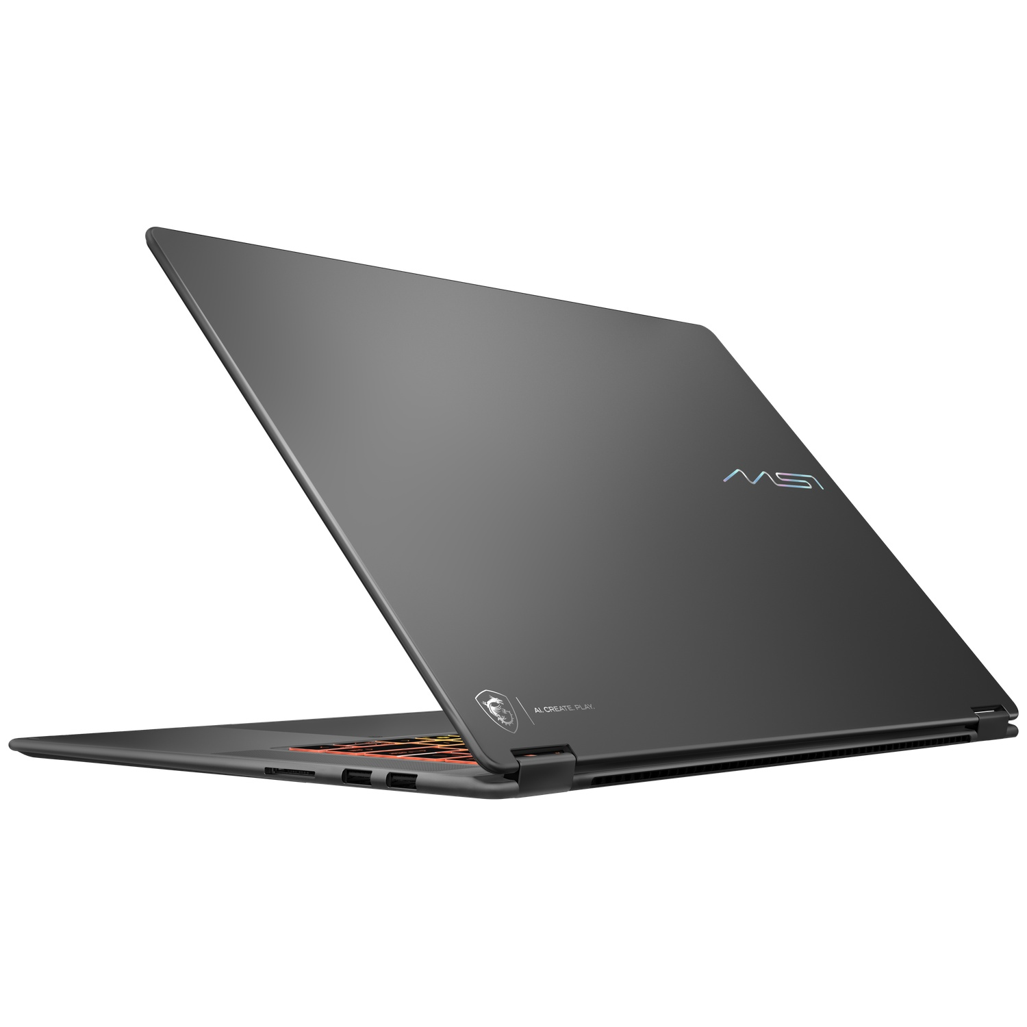 Un ordinateur portable MSI gris sur fond blanc, clavier lumineux orange, vu de dos.