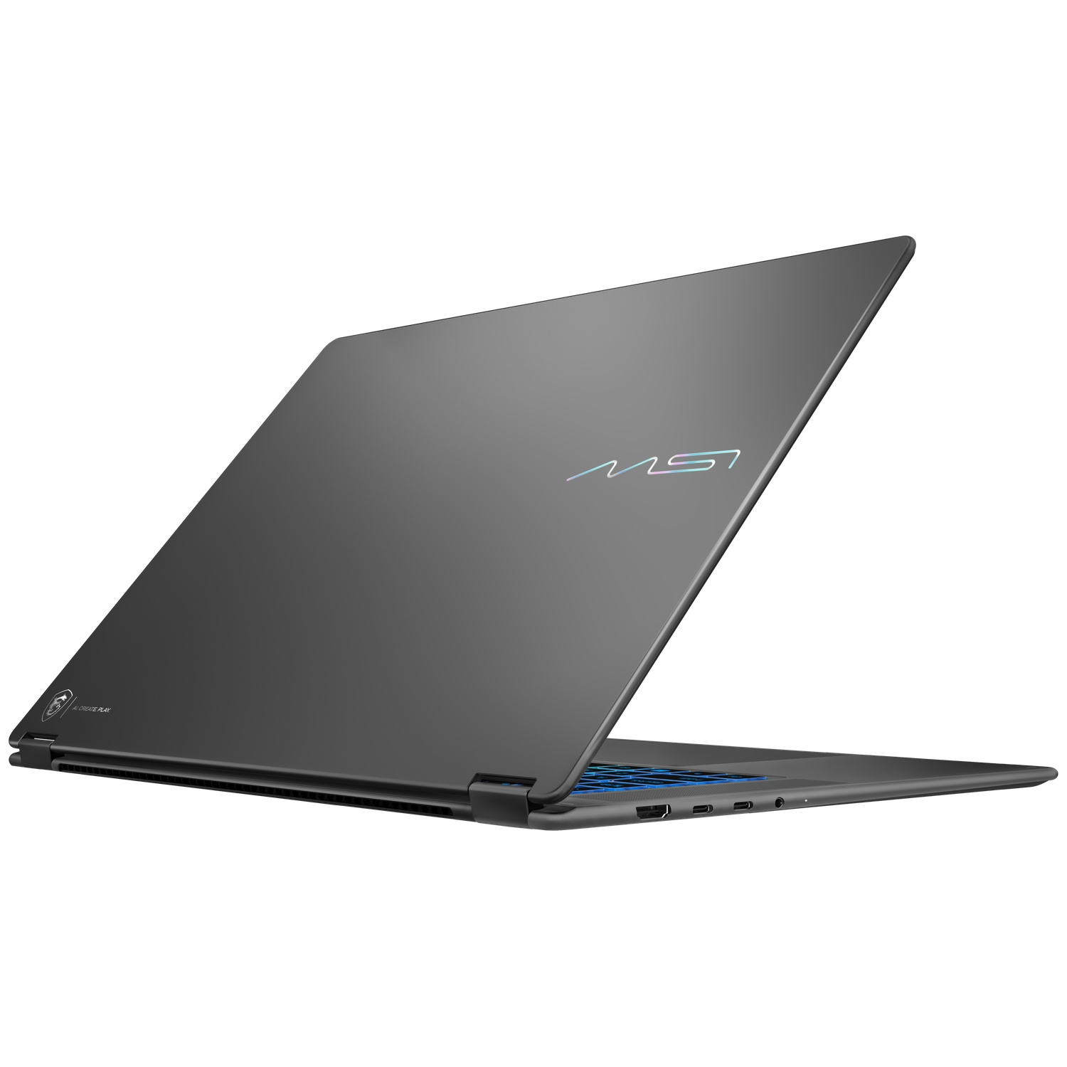 Un ordinateur portable MSI gris foncé fermé avec un clavier bleu sur fond blanc.