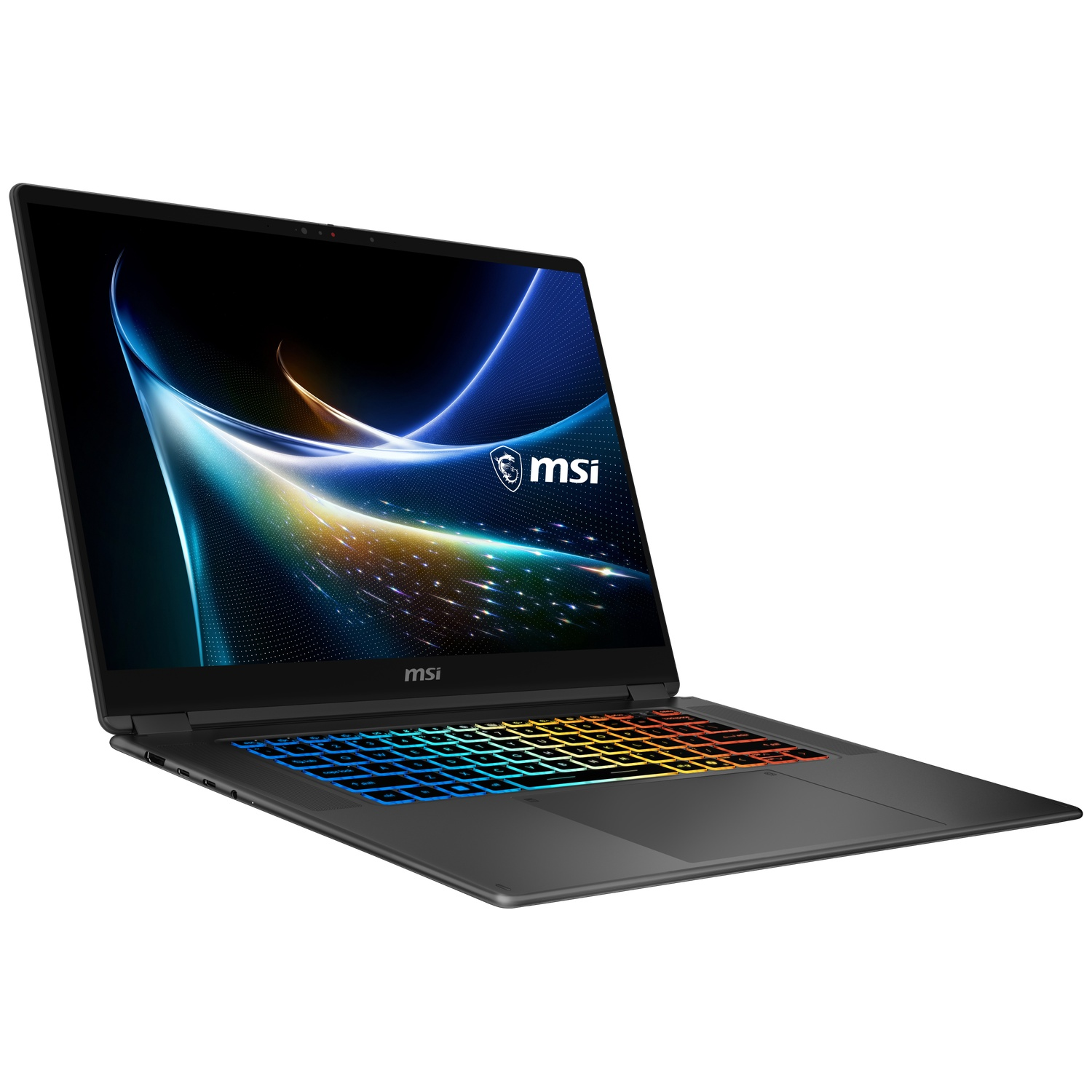 Un ordinateur portable MSI noir ouvert avec un clavier arc-en-ciel lumineux et un fond d'écran abstrait bleu et doré sur fond blanc.