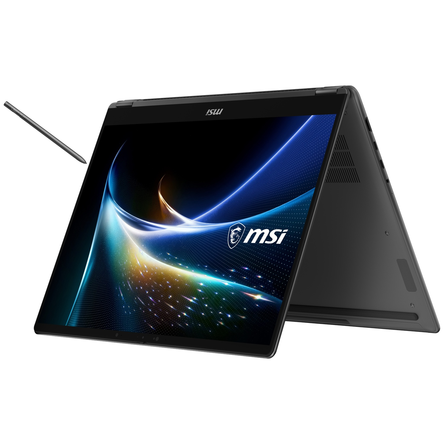 Un ordinateur portable MSI sombre avec écran tactile et stylet sur fond blanc.
