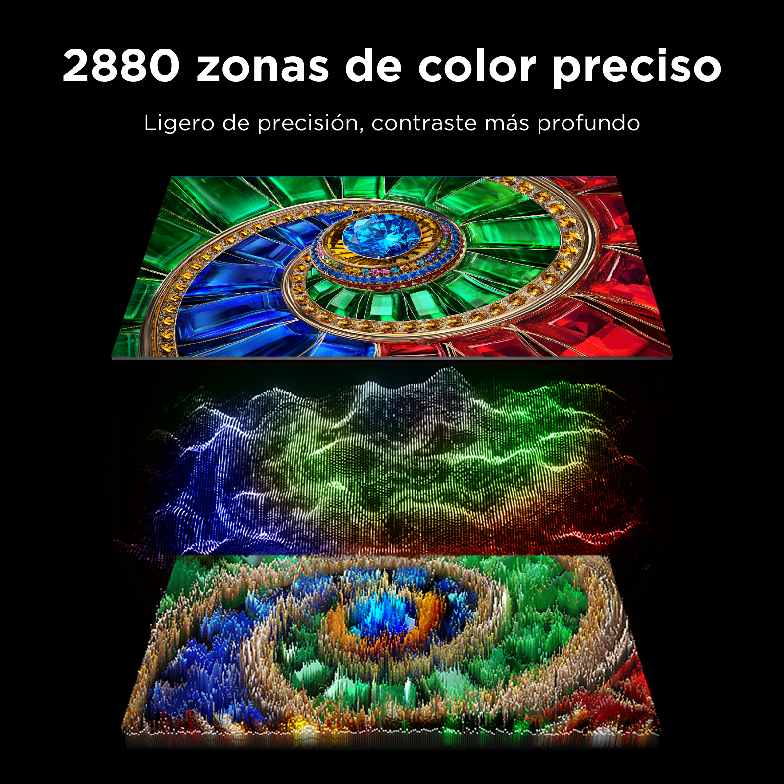 Gráfico de pantalla que muestra zonas de color precisas y contraste profundo con una espiral.