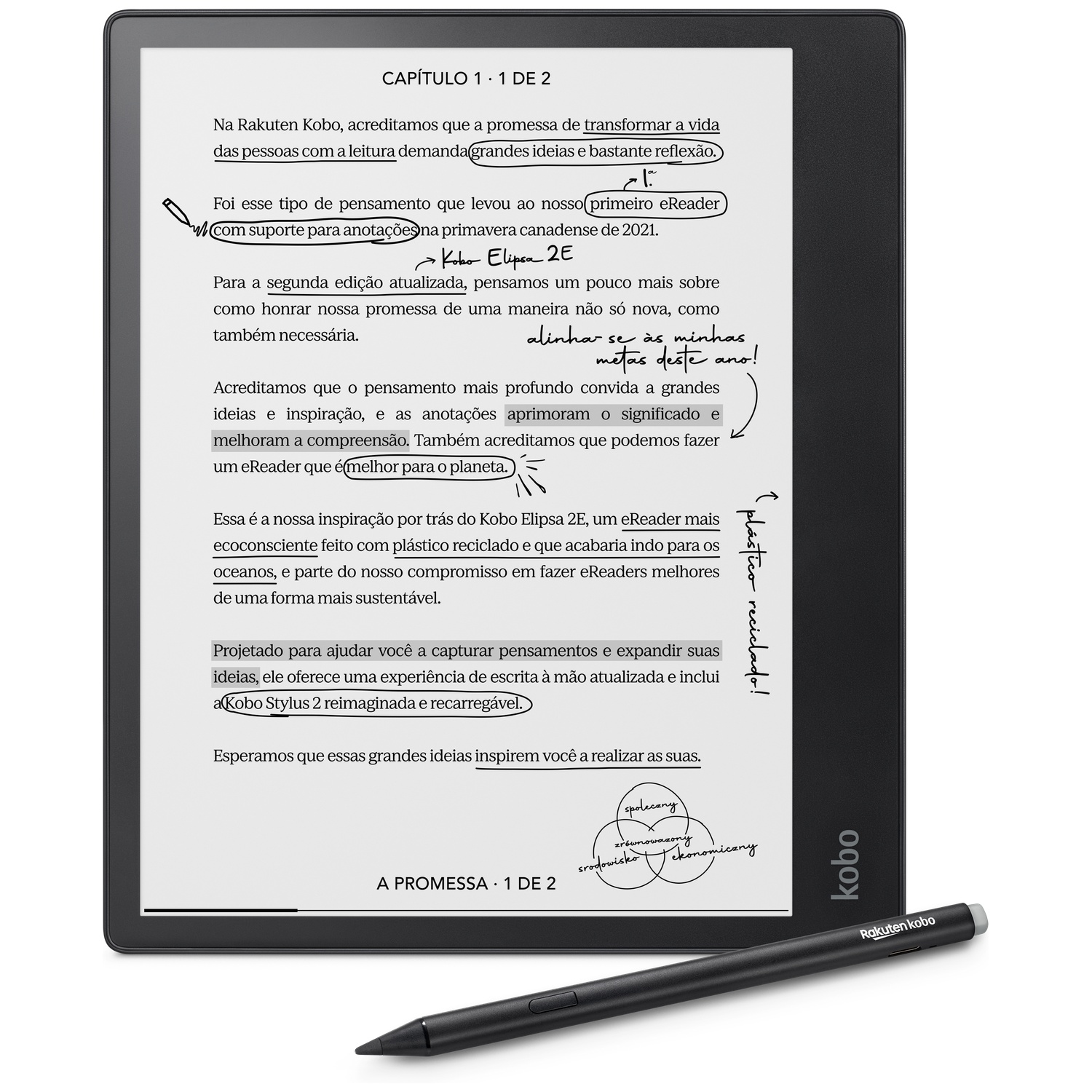 A black Kobo e-reader displaying handwritten notes on screen, with a stylus placed in front.