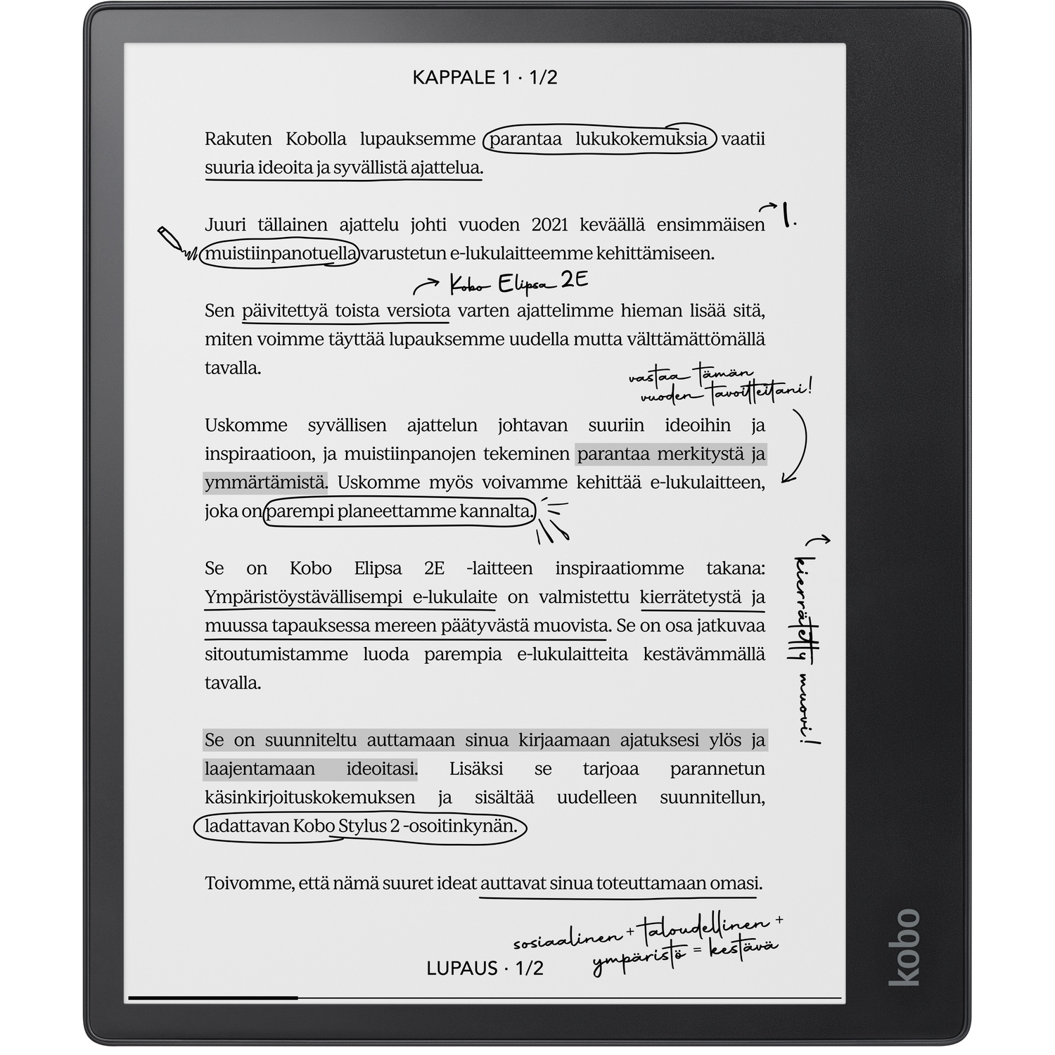 A Kobo e-reader displays Finnish text with handwritten notes and annotations.