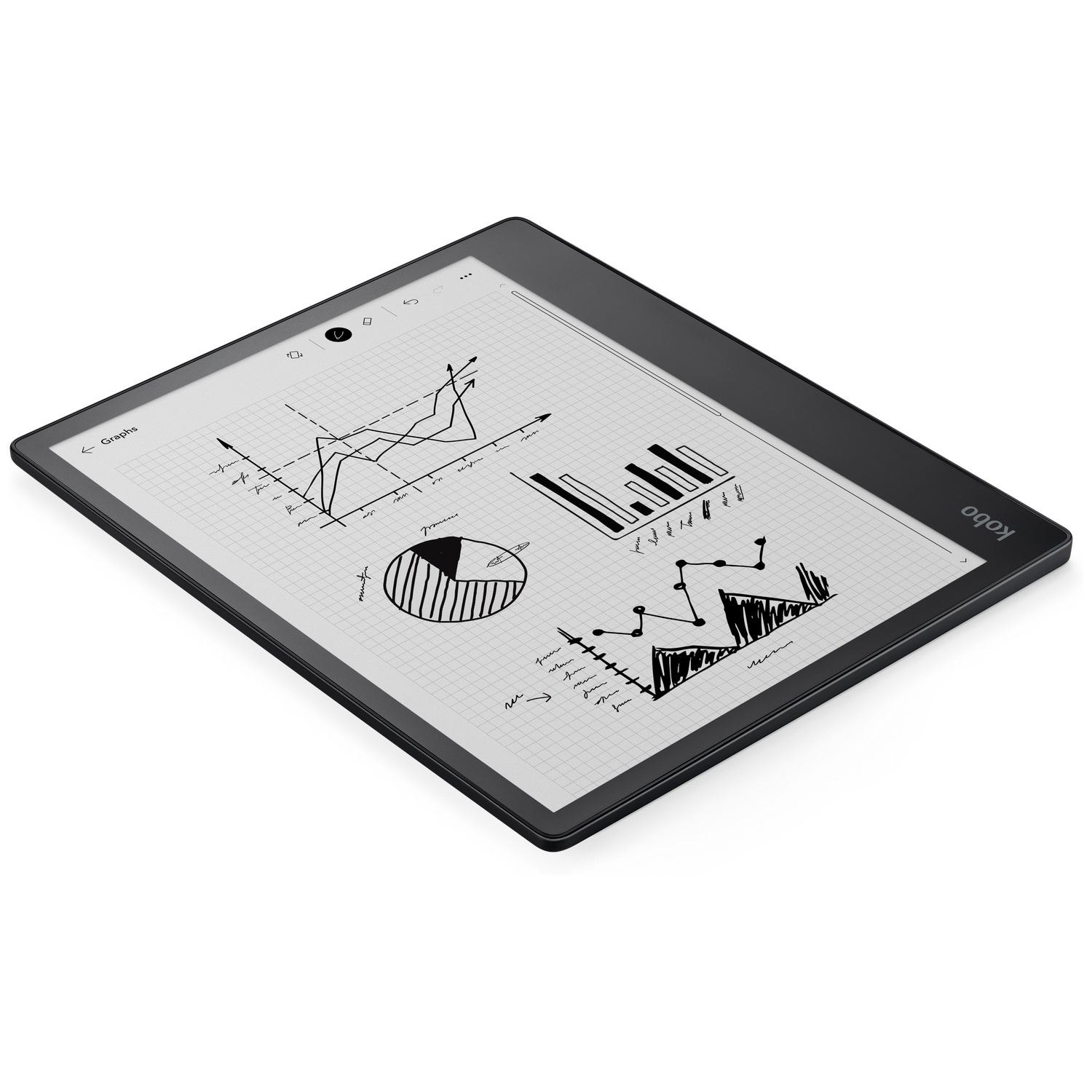 A black Kobo e-reader displays hand-drawn charts and graphs on its screen against a white background.