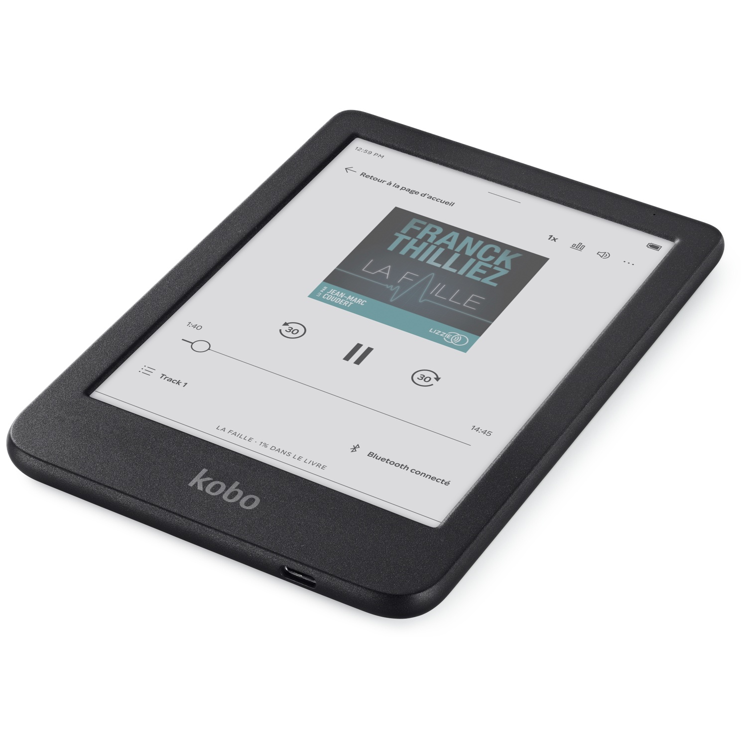 A black Kobo e-reader on a white background displays an active audiobook player interface on screen.