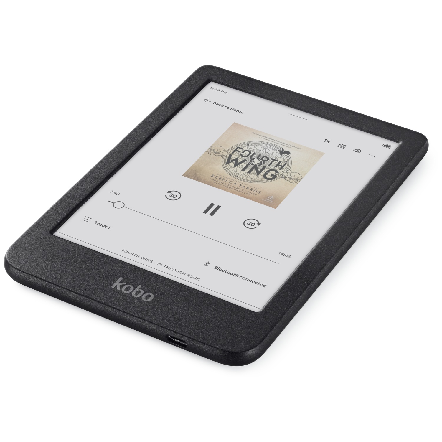 A black Kobo e-reader displaying audio playback for the book Fourth Wing with controls on a white screen.